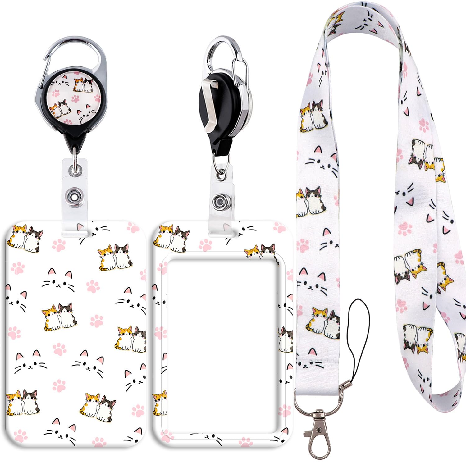 Cute Cat Lanyard ID Badge Card Holder with Retractable Badge Reel Carabiner Clip Neck Strap Key Lanyard Plastic Case Name Pass Sliding Badge Holder