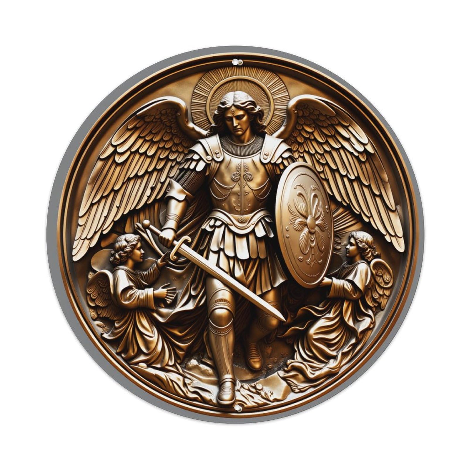 Angel Warrior With Sword And Shield Round Tin Sign Vintage Style Metal Sign Home Bar Garden Wall Plaque Decor Metal Poster 8x8 Inch