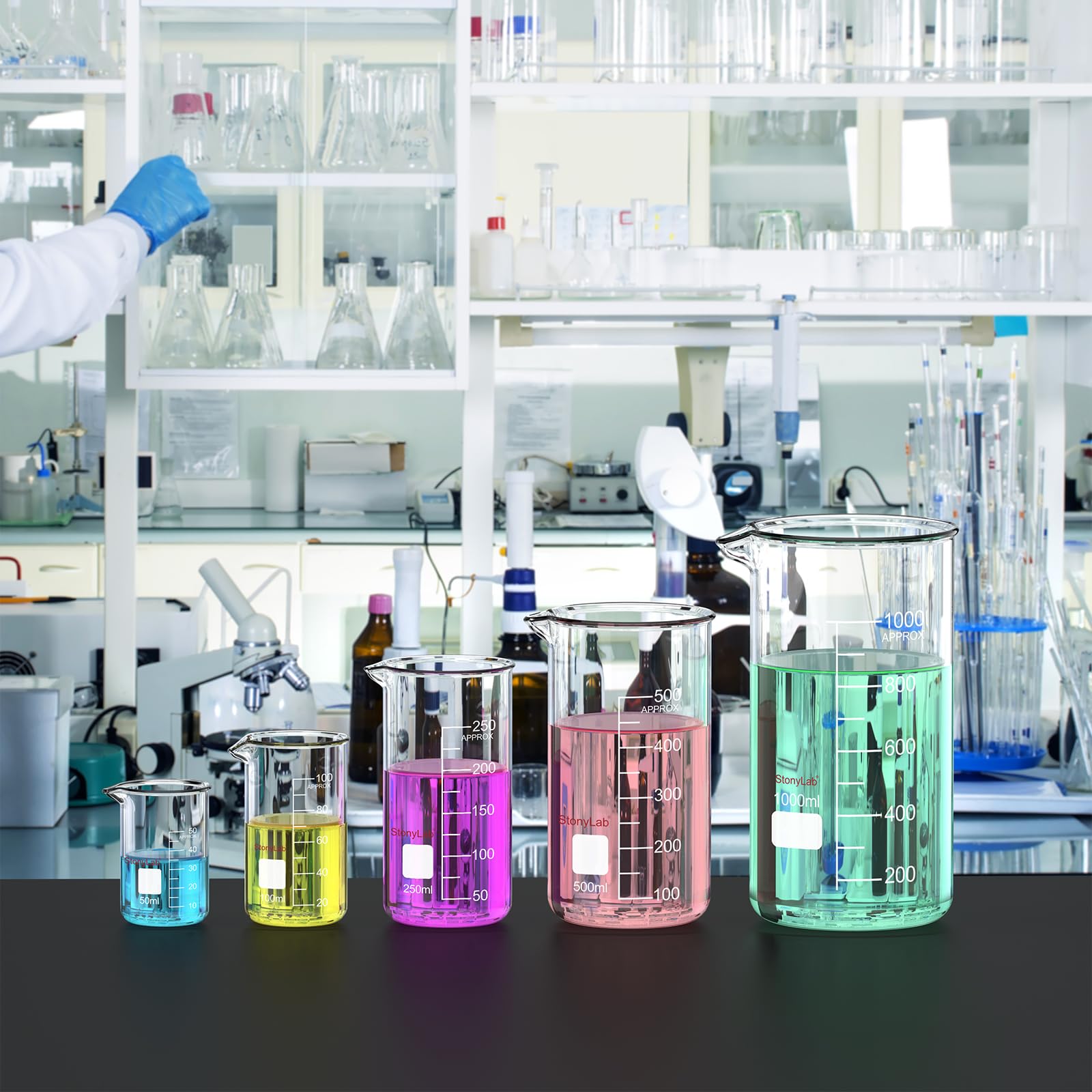 stonylab Ensemble de Béchers Hauts, 5 Pièces, Bécher en Verre avec Graduation, Verre Borosilicaté Durable, Bécher Haut Idéal pour Laboratoire, Chimie et Utilisation Éducative en Sciences