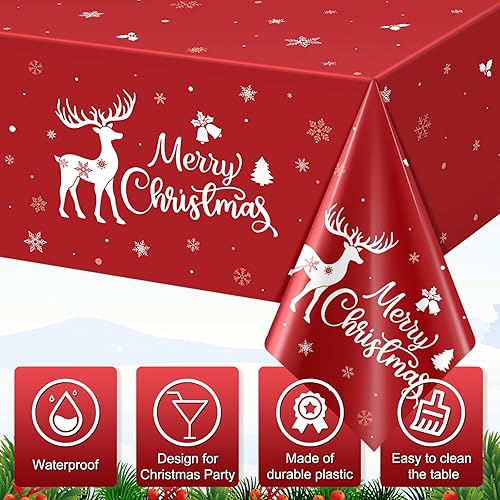 Miniatura 3 de 3 manteles de fiesta de Feliz Navidad, mantel rectangular desechable de plástico con diseño de ciervo de Navidad rojo para Navidad, vacaciones,