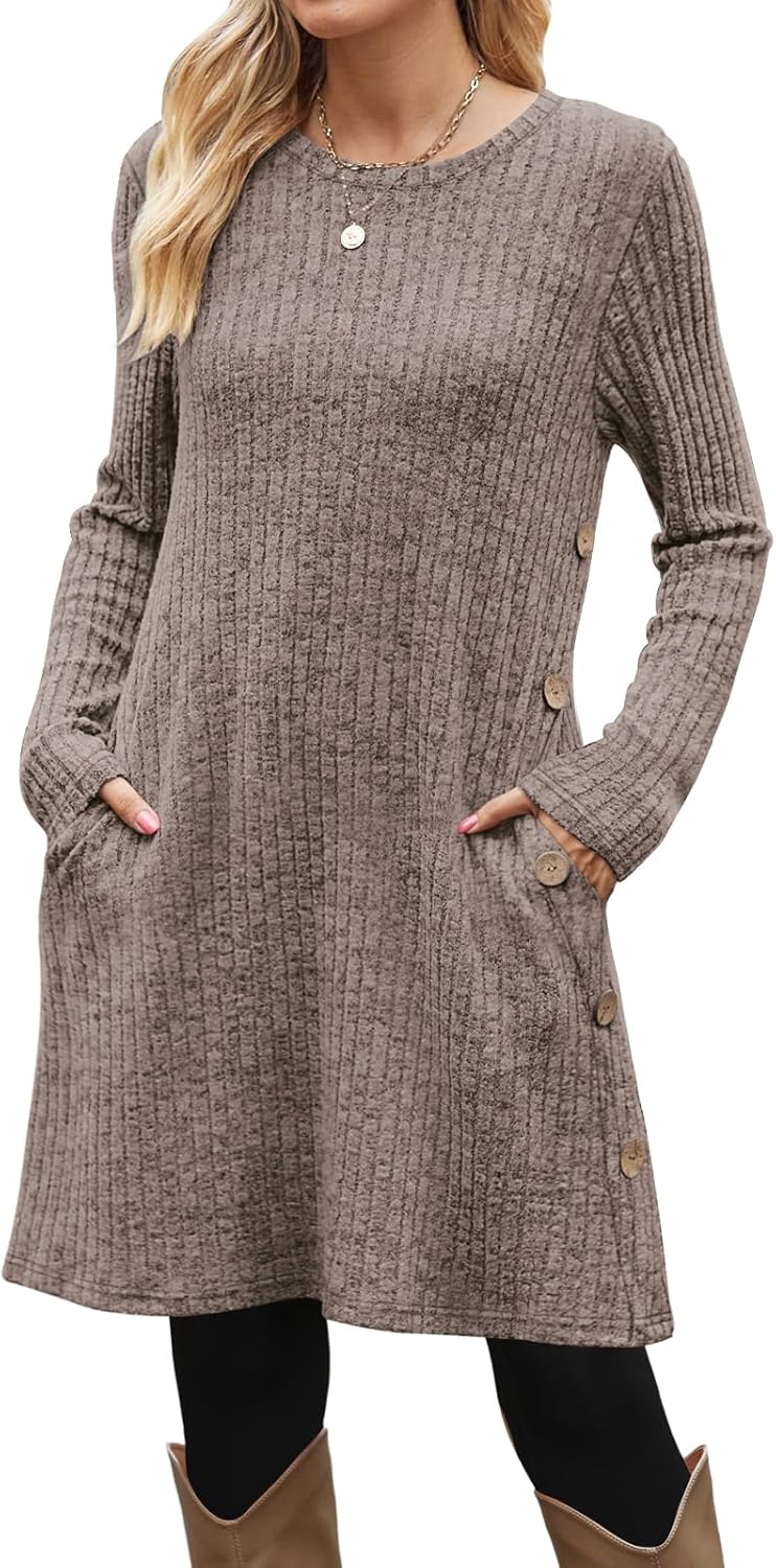 OFEEFAN Fall and Winter Tunic Dress with Pockets Long Sleeve Crew Neck Buttons Side - Image 2