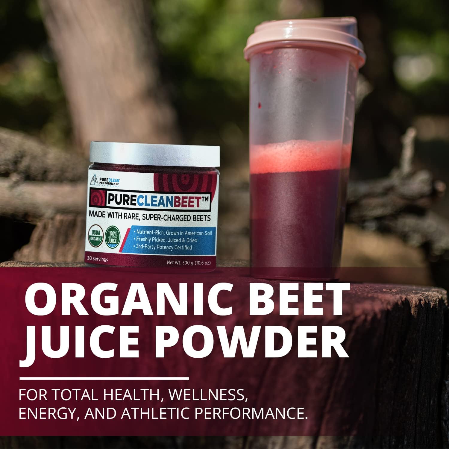 PureClean Organic Beet Juice Powder - Nitric Oxide Supplement - 100% USA Grown Beets - Organic Beet Root Powder 30 Servings, 300g (4 Jars 120 Servings)