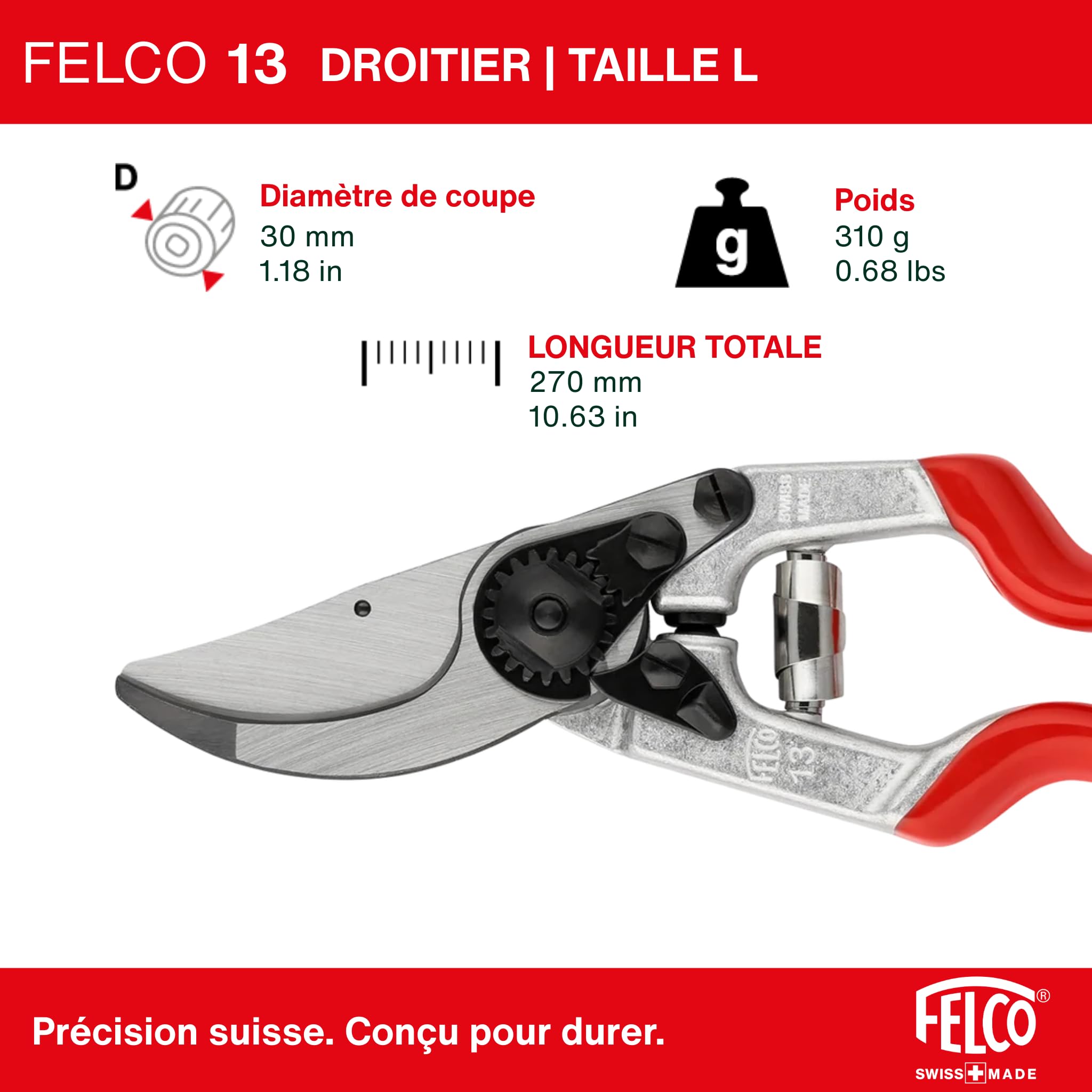 FELCO 13 sécateur droitier grandes mains à prise deux mains, coupe 30 mm