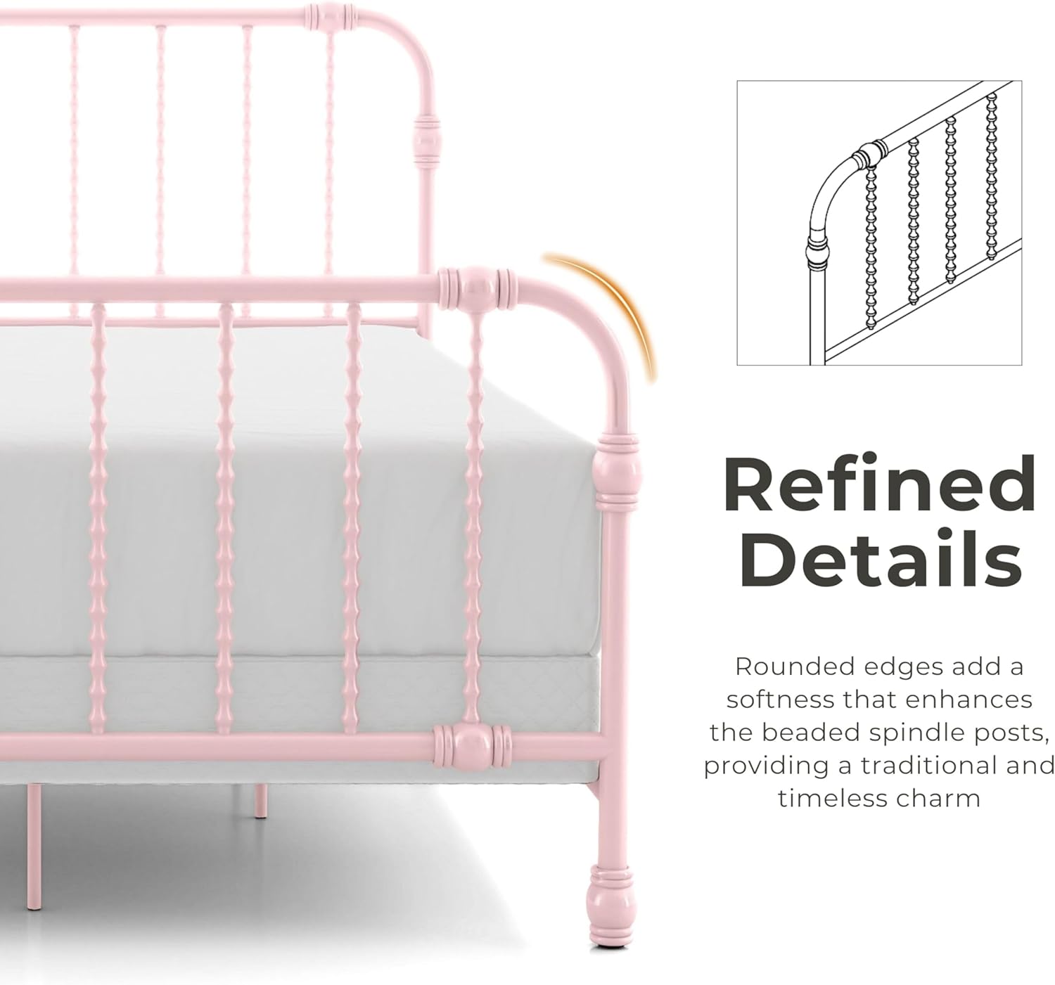 Furniture of America Wren Modern Metal Full Size Bed Frame with Spindles and Rounded Edges, Sturdy Bedframe for Bedroom, Guest Room, Box Spring Required, Pink