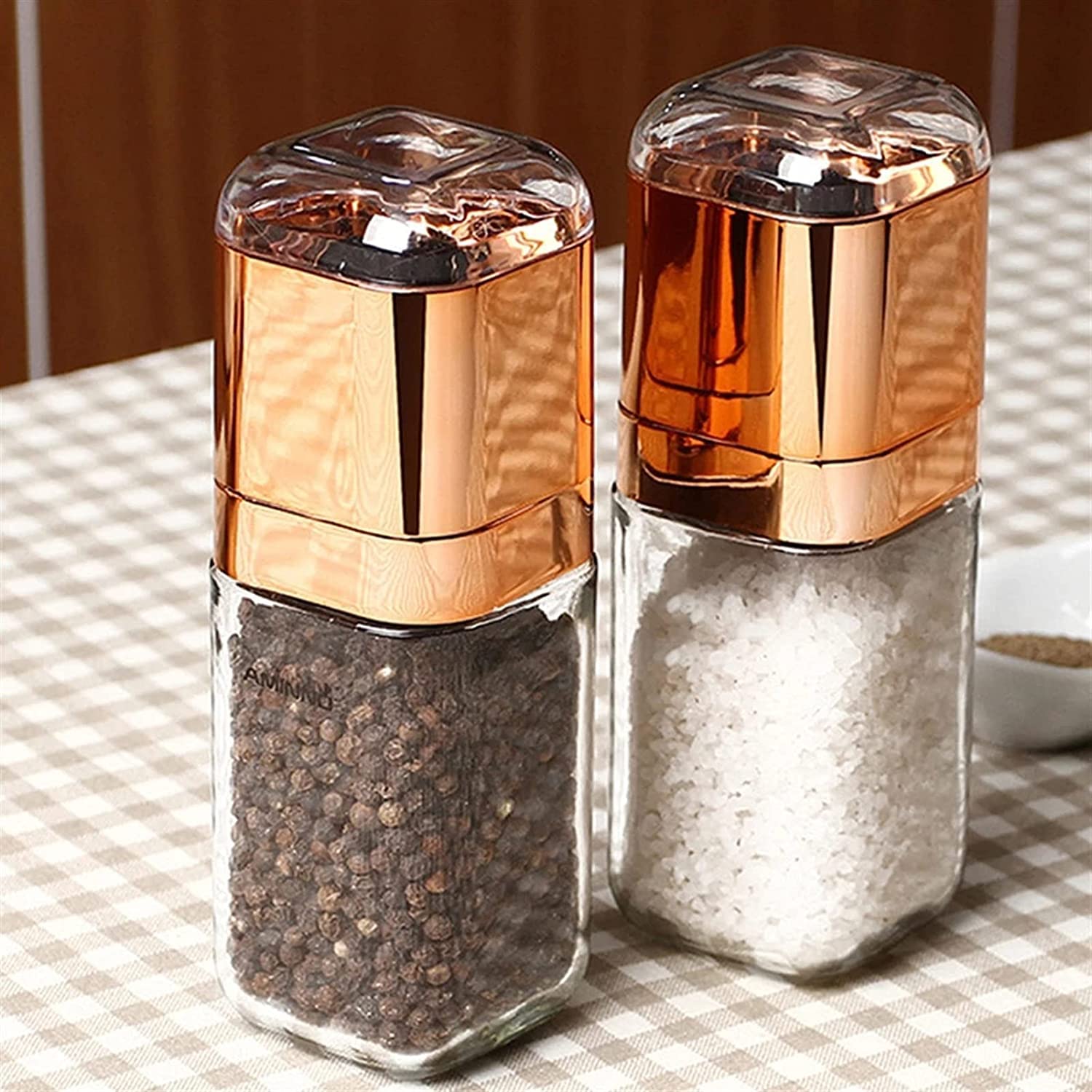 Młynek do soli i pieprzu, młynek do pieprzu Moda młynek do soli i pieprzu Szklana butelka Premium Solniczka i pieprzniczka z ceramicznym młynkiem do przypraw (złoto / 180 ml) Młynek do pieprzu (kolor: