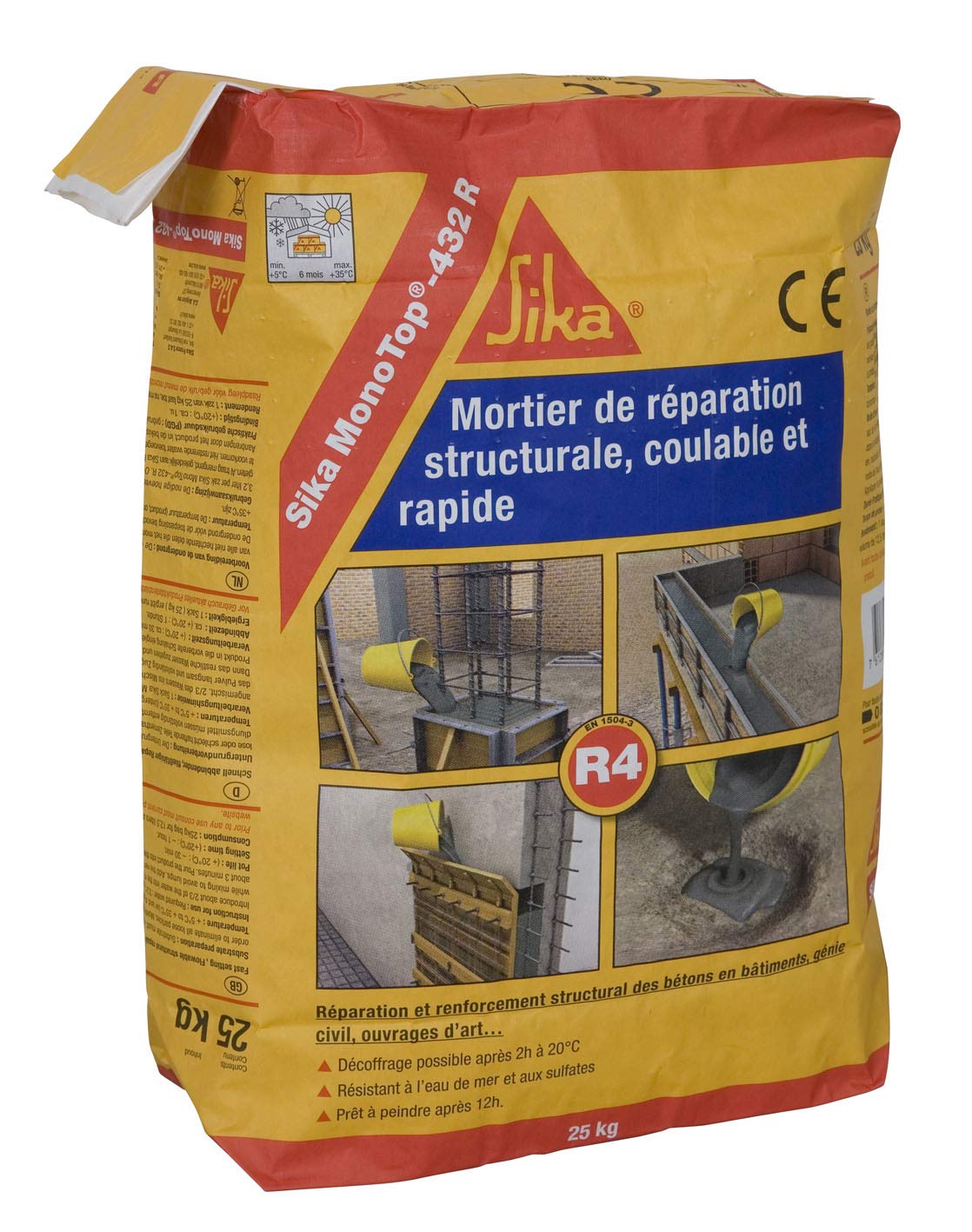 SIKA - Mortier de réparation structurale, coulable et rapide (R4) MonoTop 432R Gris Béton - Réparation et renforcement structural des bétons en bâtiments, génie civil, ouvrages d'art - 25kg