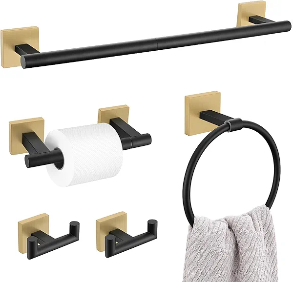 Black Gold Bathroom Hardware Set, 5-Piece Bath Towel Bar Set with 23.6” Towel Bar, Towel Ring, Toilet Paper Holder, Two Hooks, SUS304 Towel Racks for Bathroom Wall Mounted