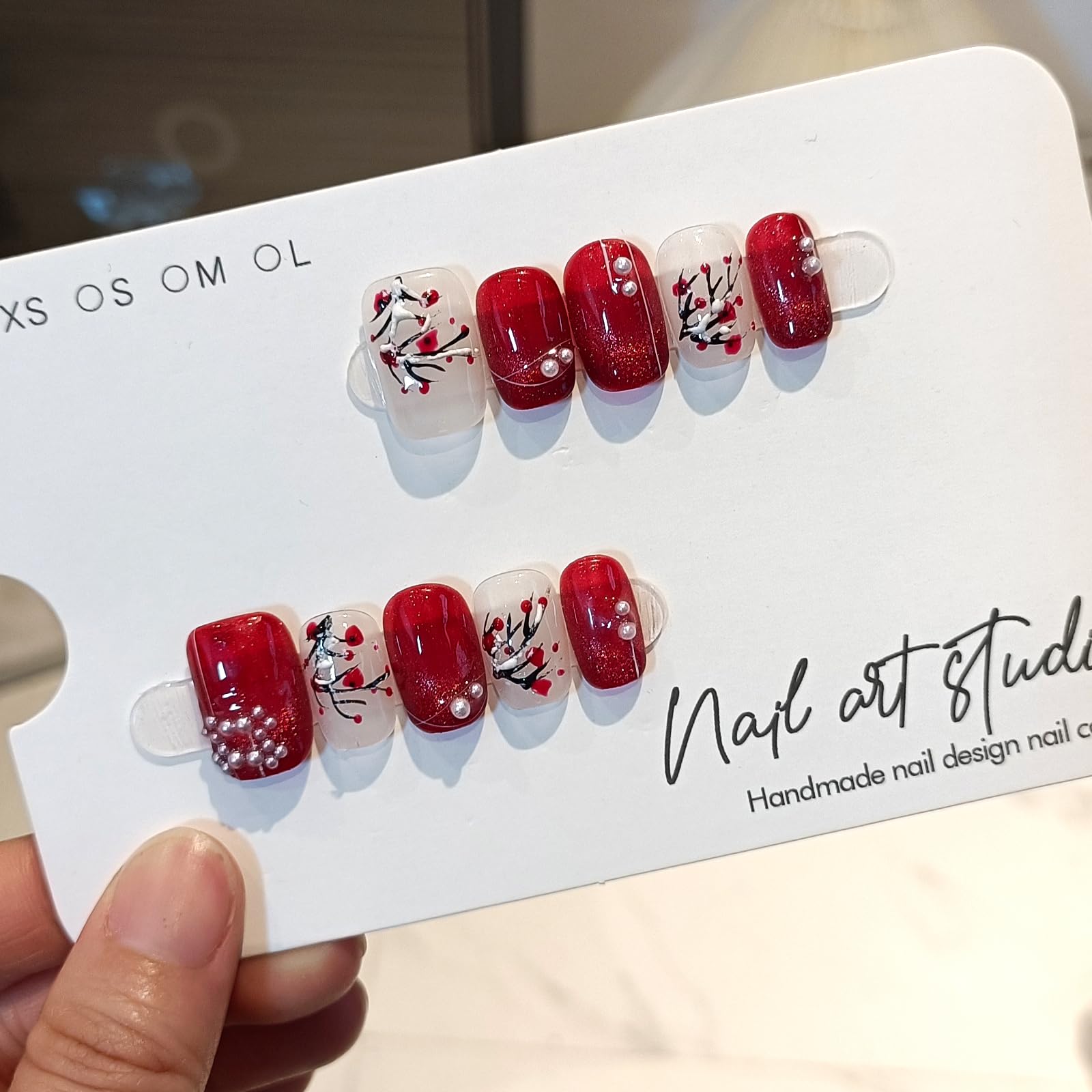 TENPAL Handmade Press on Nails Short Square,Reusable Soft Gel Cat Eye Fake Nails with Tools,10pcs 3D Plum Blossom Pearl Pattern Red False Nails Set,