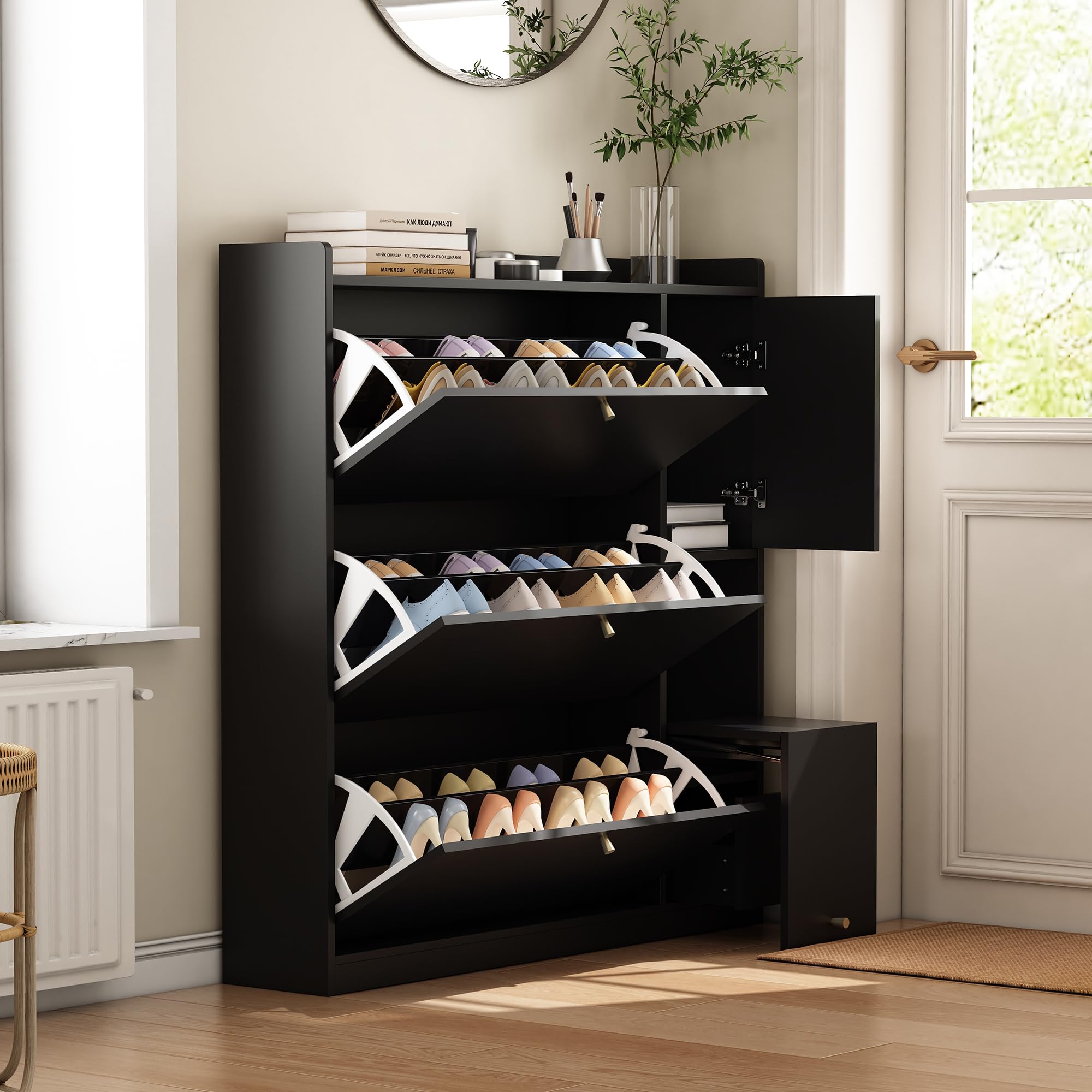 Generisch Schwarzer Kippschuhschrank 3 Klappen mit Sitzbank für Flur