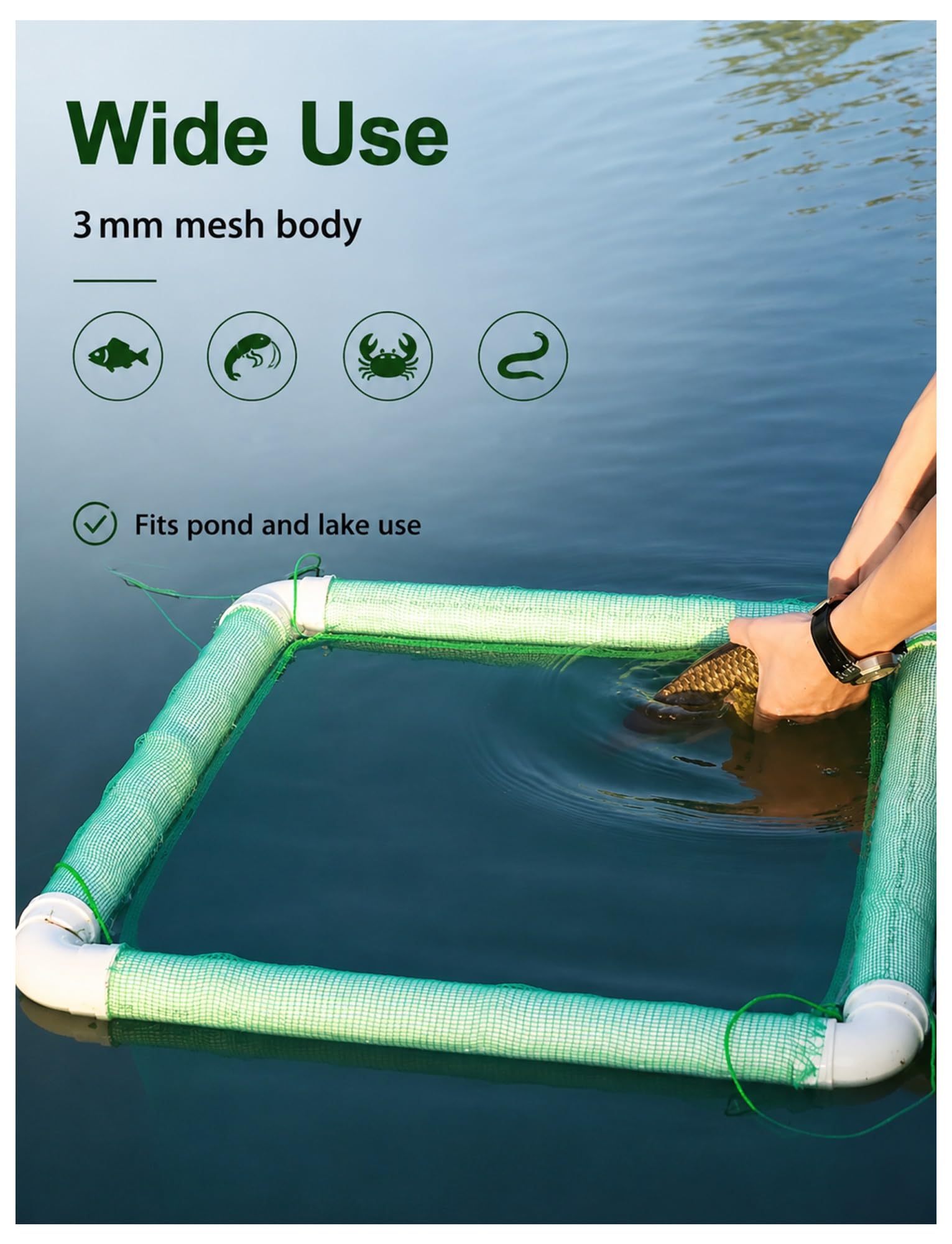 Red Flotante Cubierta para Peces Vivos con Tubo Flotador de 50 mm | Malla verde de 3 mm; marco flotante; cremallera bidireccional; uso en estanques y lagos
