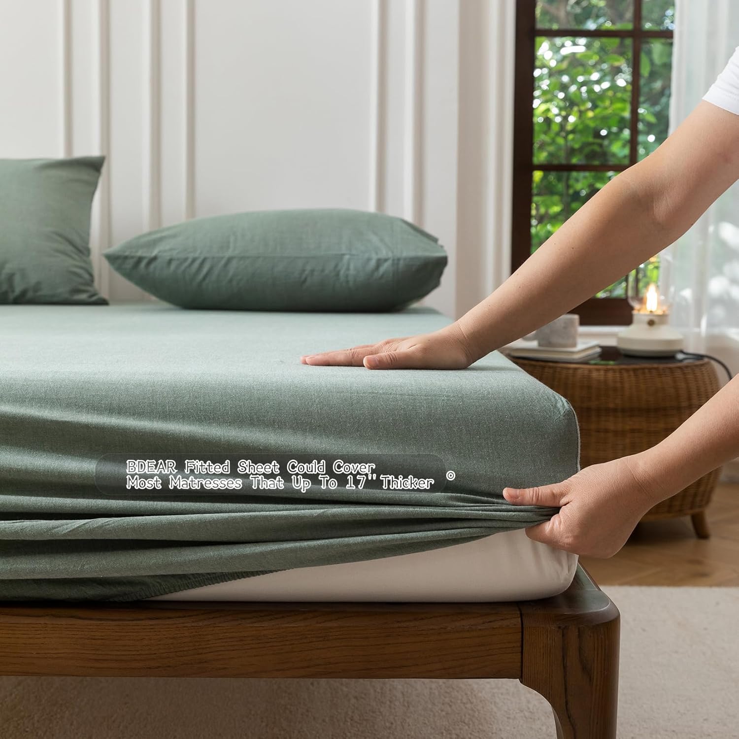 BDEAR 4PS Heathered Green King Size Bedding Set, Oeko-TEX Standard 100% Washed Cotton Linen Like Bedding Sheet Sets Cover Deep Pocket Fitted Sheet Plus Cozy Flat Sheet and 2 Pillowcases
