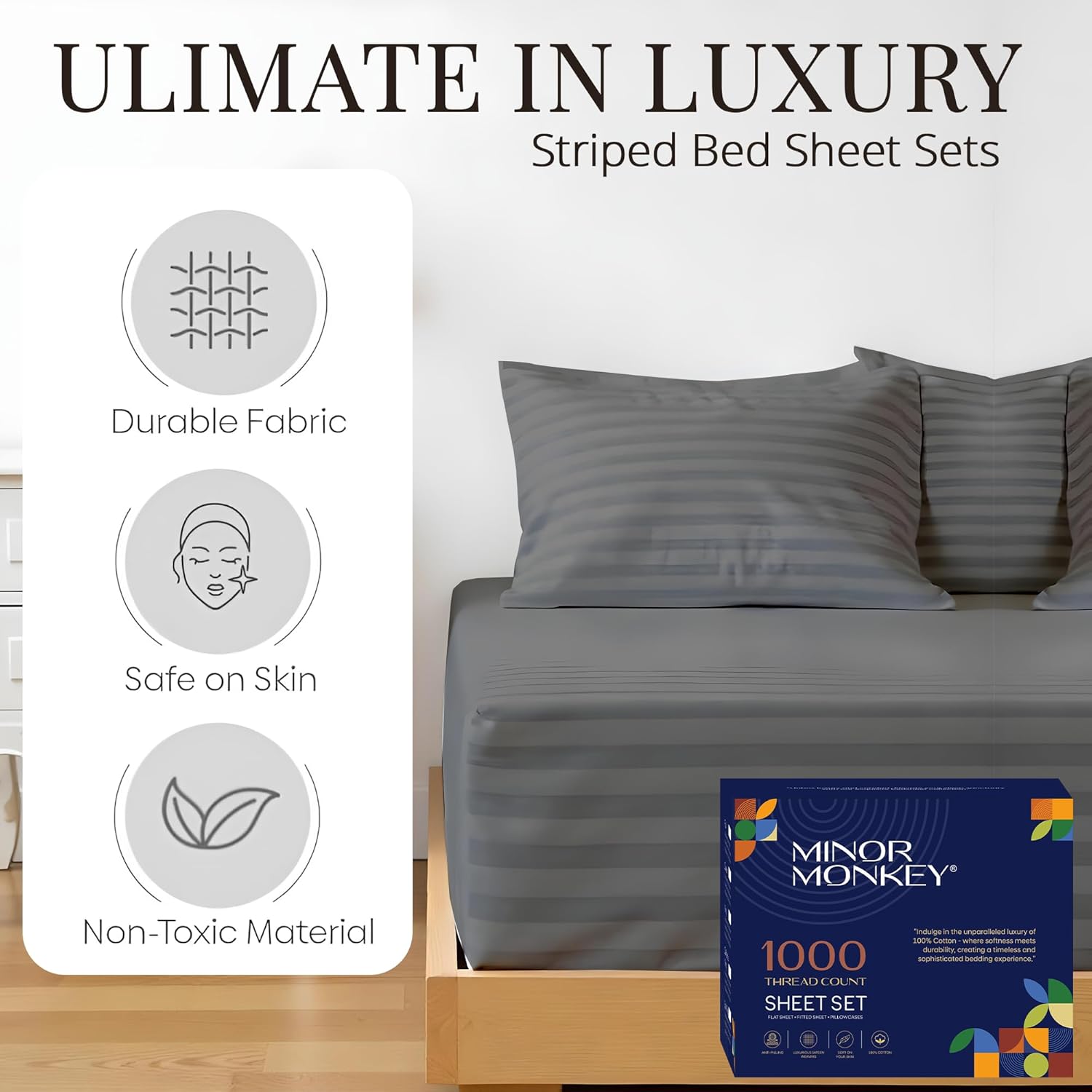 100% Egyptian Cotton Queen Size Damask Striped Sheets, 1000 Thread Count Luxury Breathable Sheet, 4Pc Queen Size Bed Sheet Set, Long Staple 16" Deep Pocket Sheets Set: Dark Grey - Image 3