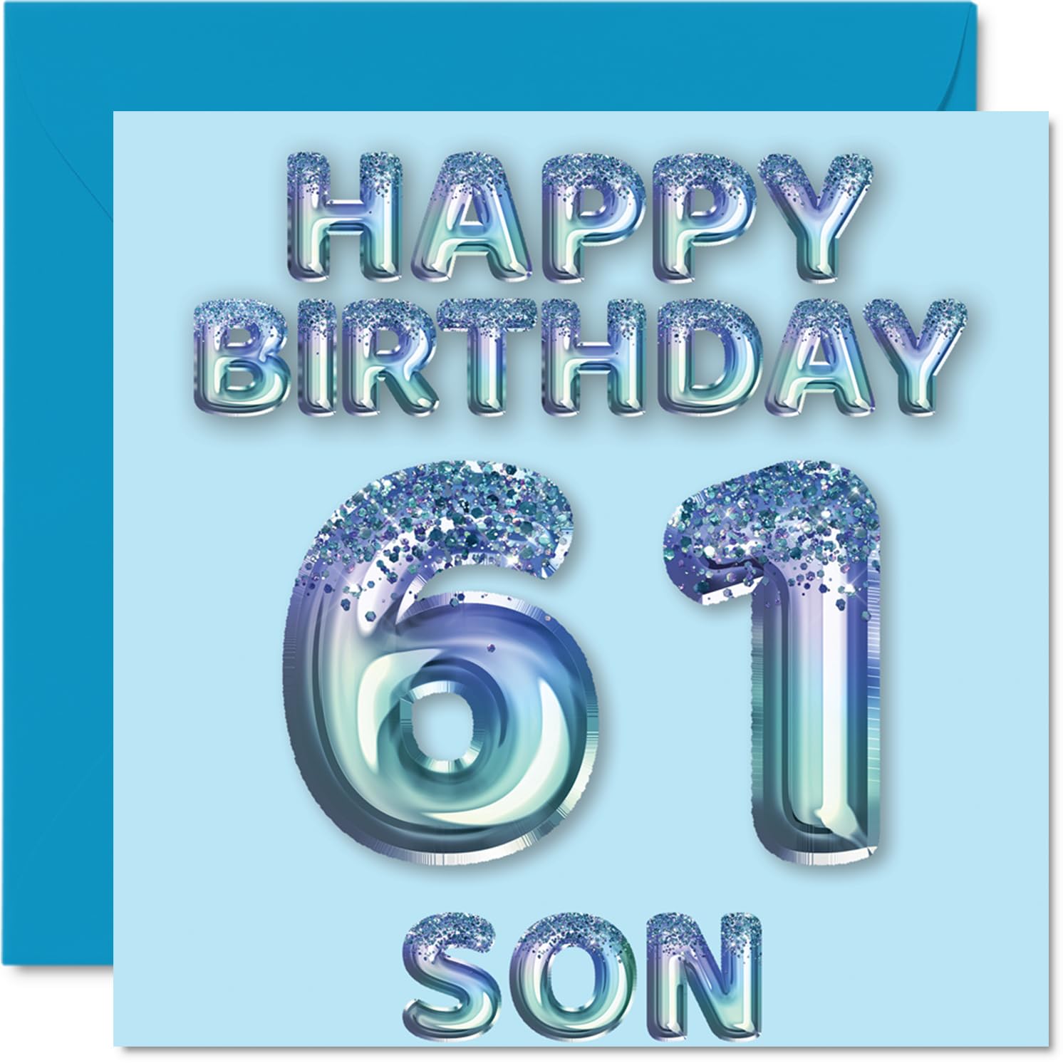 61st Birthday Card for Son, Blue Glitter Party Balloons