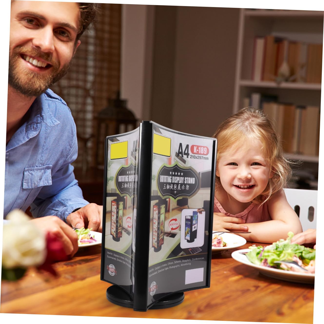 Soporte de Menú Giratorio de Acrílico Negro para Mesa | Expositor Vertical de Tres Caras, Uso Sencillo, Adecuado para Restaurantes y Áreas de Recepción