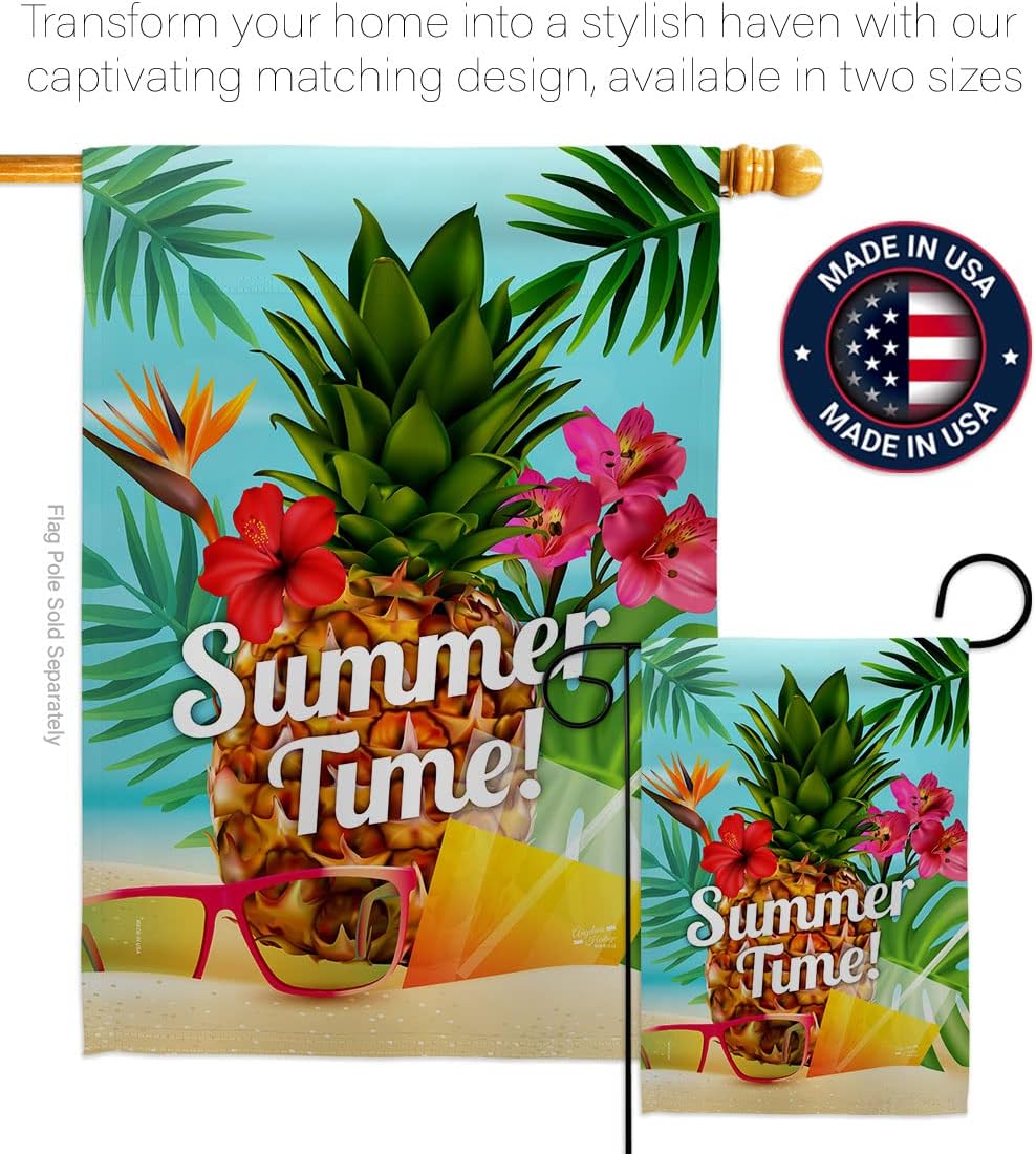 Summer Beach Time House Flag Fun in The Sun Pool Luau Tropical Party Season Outdoor Summertime Sunny Decoration Banner Small Garden Yard Gift Double-Sided, Made in USA