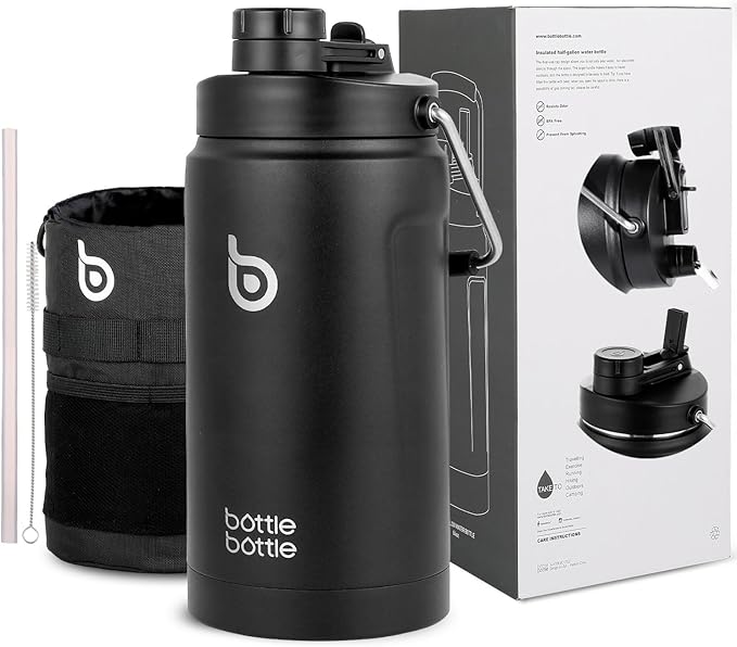 BOTTLE BOTTLE Insulated Water Bottle 64 oz with Straw and Dual-use Lid Half Gallon Water Jug Vacuum Stainless Steel for Workout and Sports Insulated Beer Growler with Handle(Black)