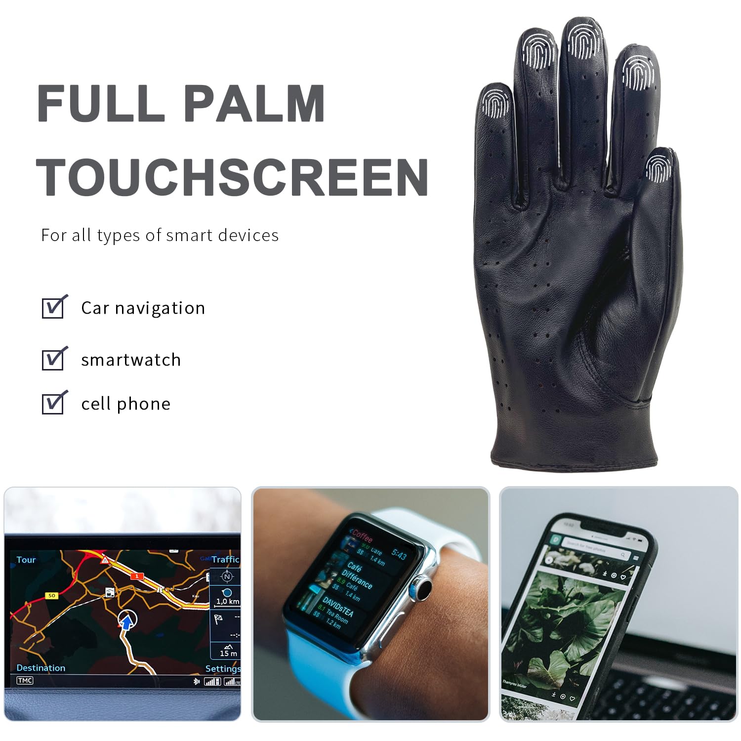 Zjjseloru Mens Genuine Lambskin Leather Driving Gloves Unlined, Touchscreen, Black, L