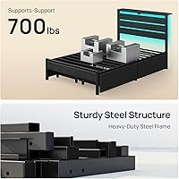 Vista 8 de Rolanstar Base de cama individual con 4 cajones, luces LED y estación de carga, plataforma de metal con cabecera de almacenamiento, sin ruido, fácil