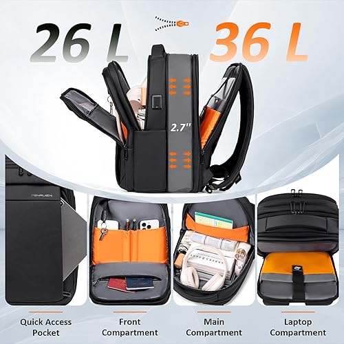 Miniatura 2 de FENRUIEN Mochila de viaje expandible para hombres, mochila de computadora resistente al agua con puerto de carga USB, bolsa negra para laptop de