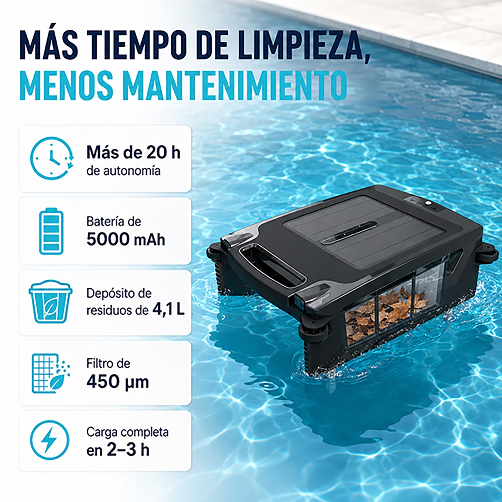 Skimmer Solare per Piscina, Robot per Piscina con Superficie d'Acqua Pulita per 10 Ore, Navigazione Intelligente, Parcheggio Automatico, Due Metodi di Ricarica, per Piscine Domestiche