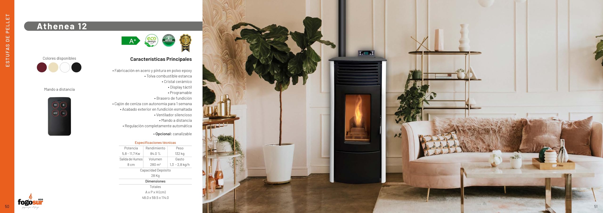 MF - Estufa de Pellets Modelo ATHENEA de 11,7 kW con Display Táctil, Depósito 28 kg y Acabado en Fundición Esmaltada para Calentar hasta 280 m³ - Burdeos
