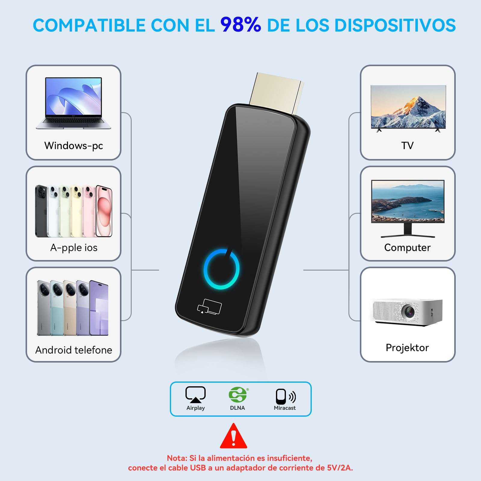 Adaptador HDMI Inalámbrico Tongtion 4K Ultra HD a 30Hz - Miracast, AirPlay, DLNA,Googel Cast- WiFi 5 GHz - Plug and Play para Smart TV, Proyector, PC, iPhone y Android