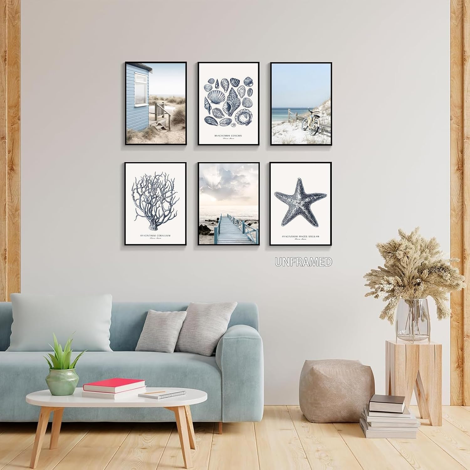 6Pcs Blue Beach Wall Art Preppy Beach Hut Wall Decor Pictures Ocean Boho Reed Starfish Conch Coral Ocean Canvas Posters Prints for Dorm Apartment Living Room Home Dining Room Decorations Unframed