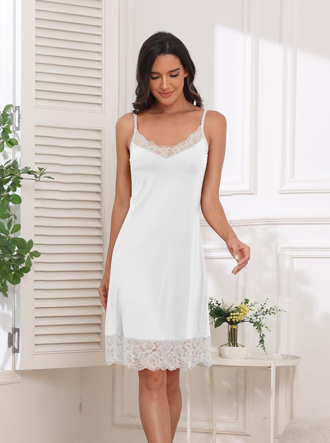 H HIAMIGOS Women’s Satin Slip Dress - Adjustable Lace Cami Nightgown, Midi Length - Image 5