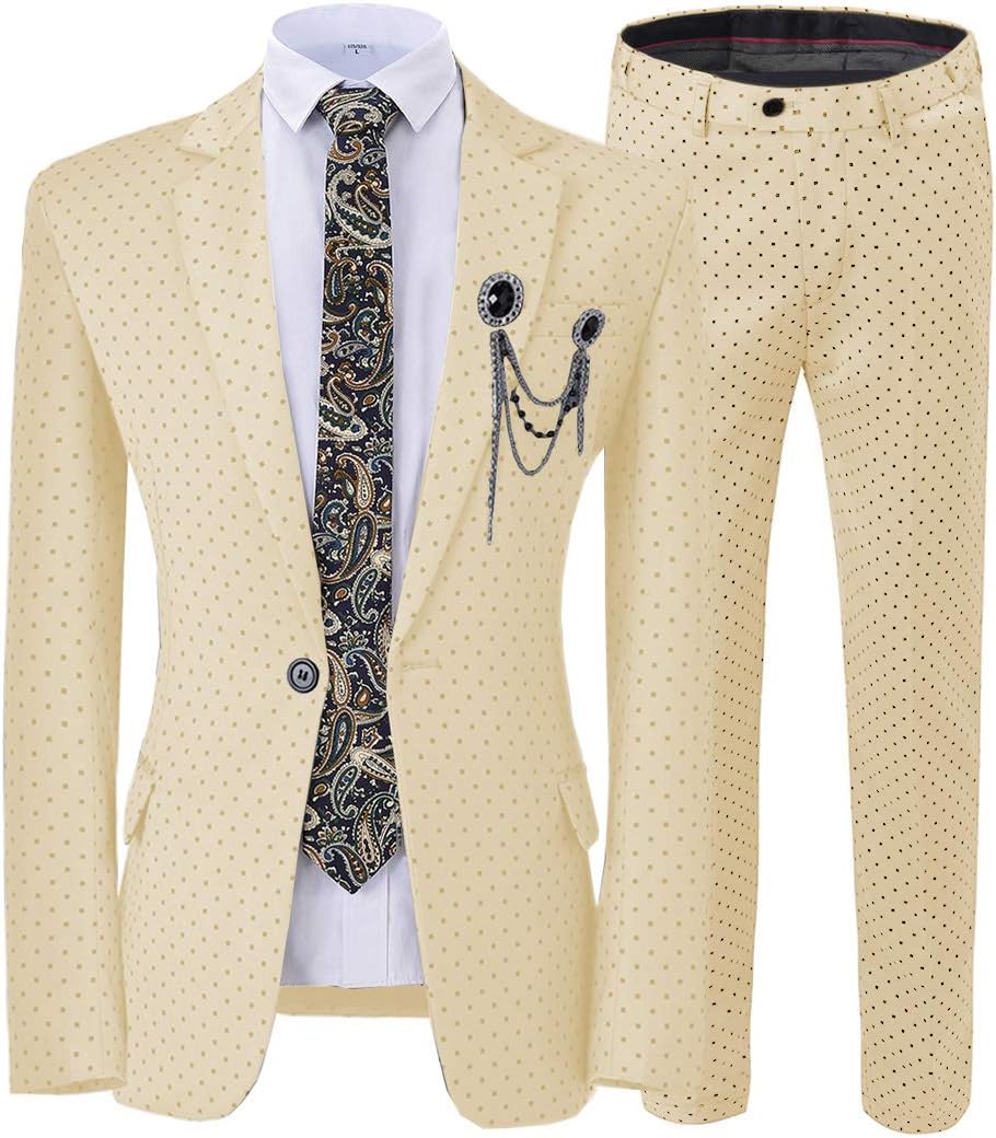 Jiaoyunshi Mens Suit 2 Piece Slim Fit Spotted Notch Lapel Tuxedos Groomsmen for Wedding Jacket Pants
