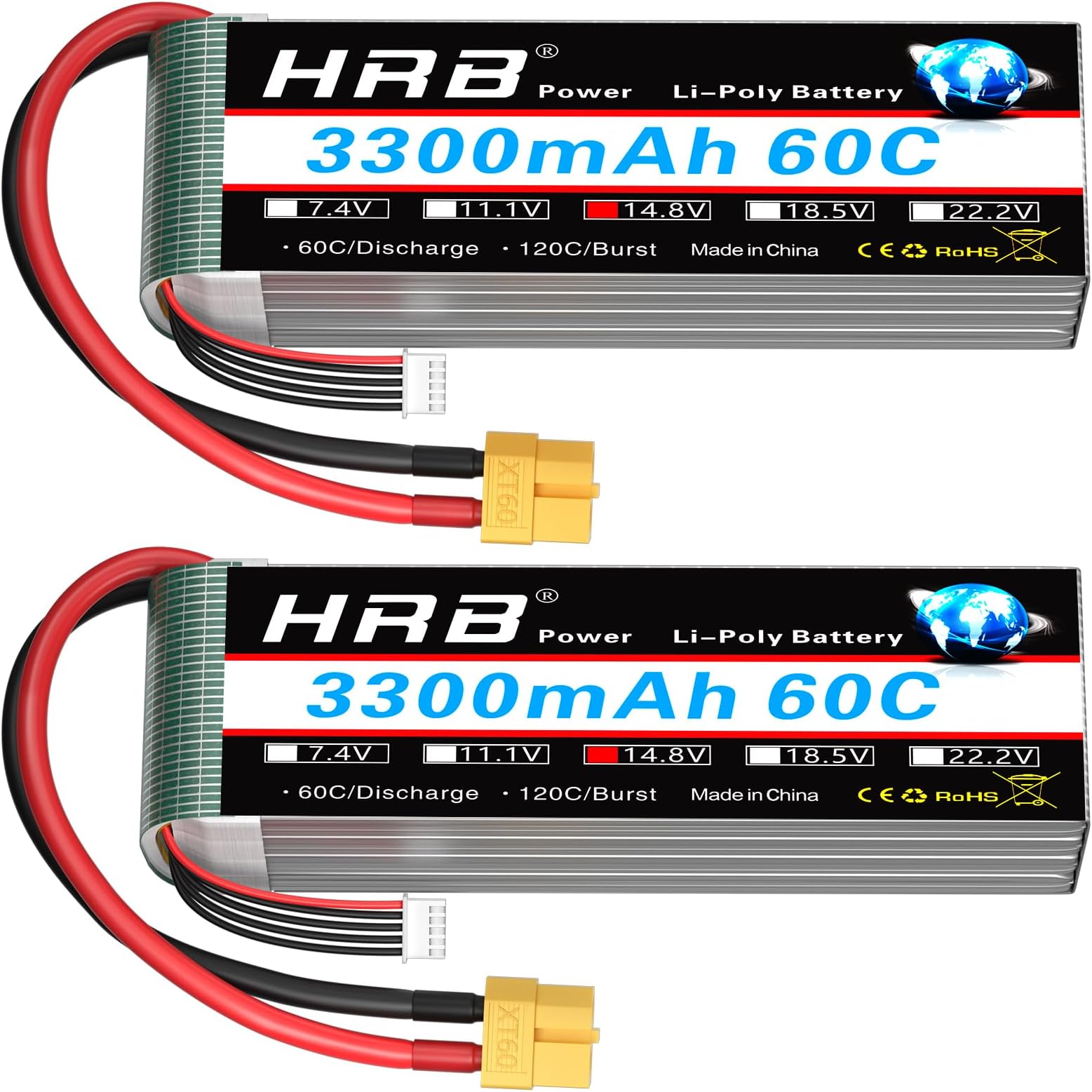 HRB 2 Packs 4S 3300mAh 14.8V Lipo RC Battery 60C Pack with XT60 Plug Compatible with RC Airplane RC Helicopter RC Car RC Truck RC Boat