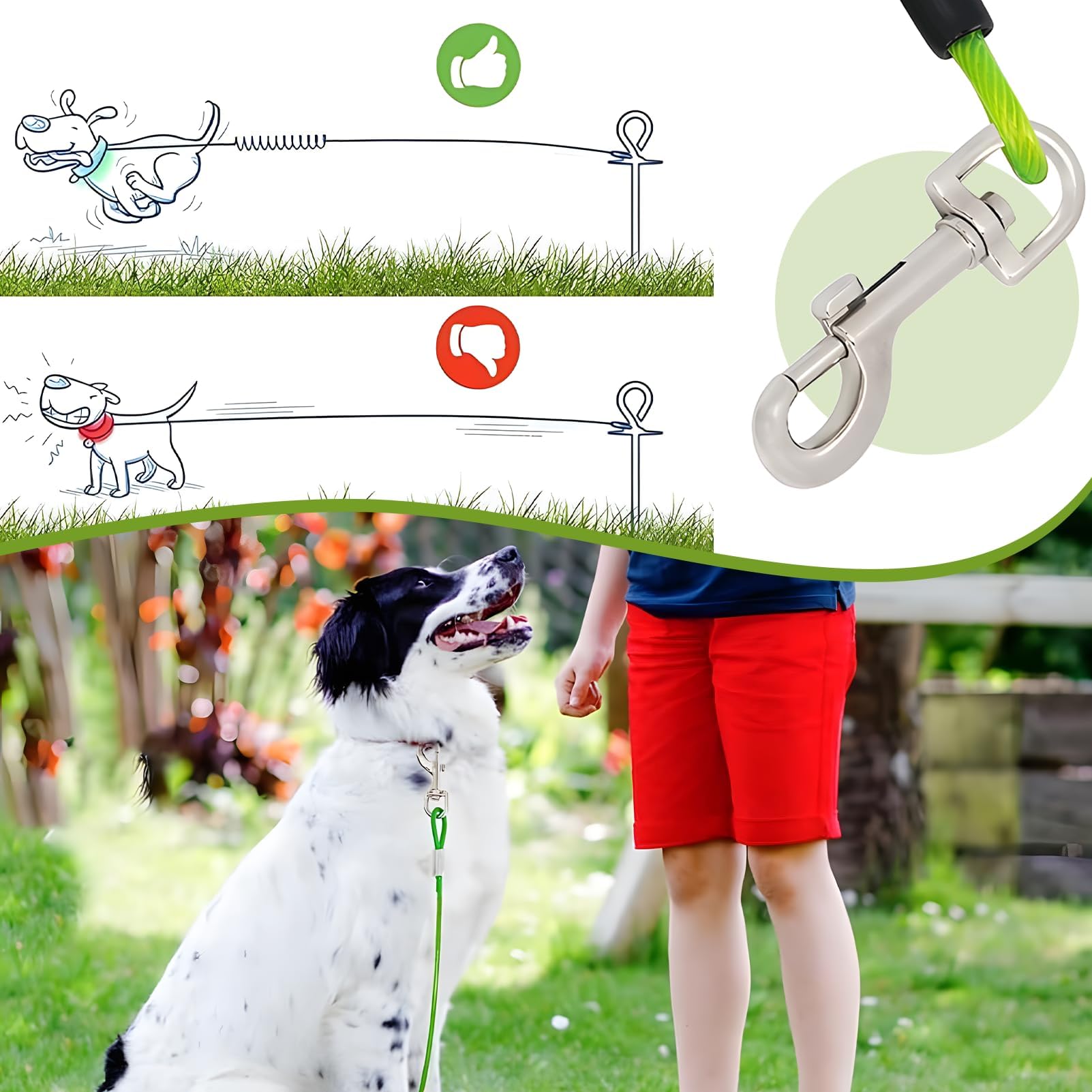 Cavo per legare il cane, 15m,verde, per esterni,con chiusura a vite, con corridore per cani per cortile e campeggio,guinzaglio per animali domestici per giardino