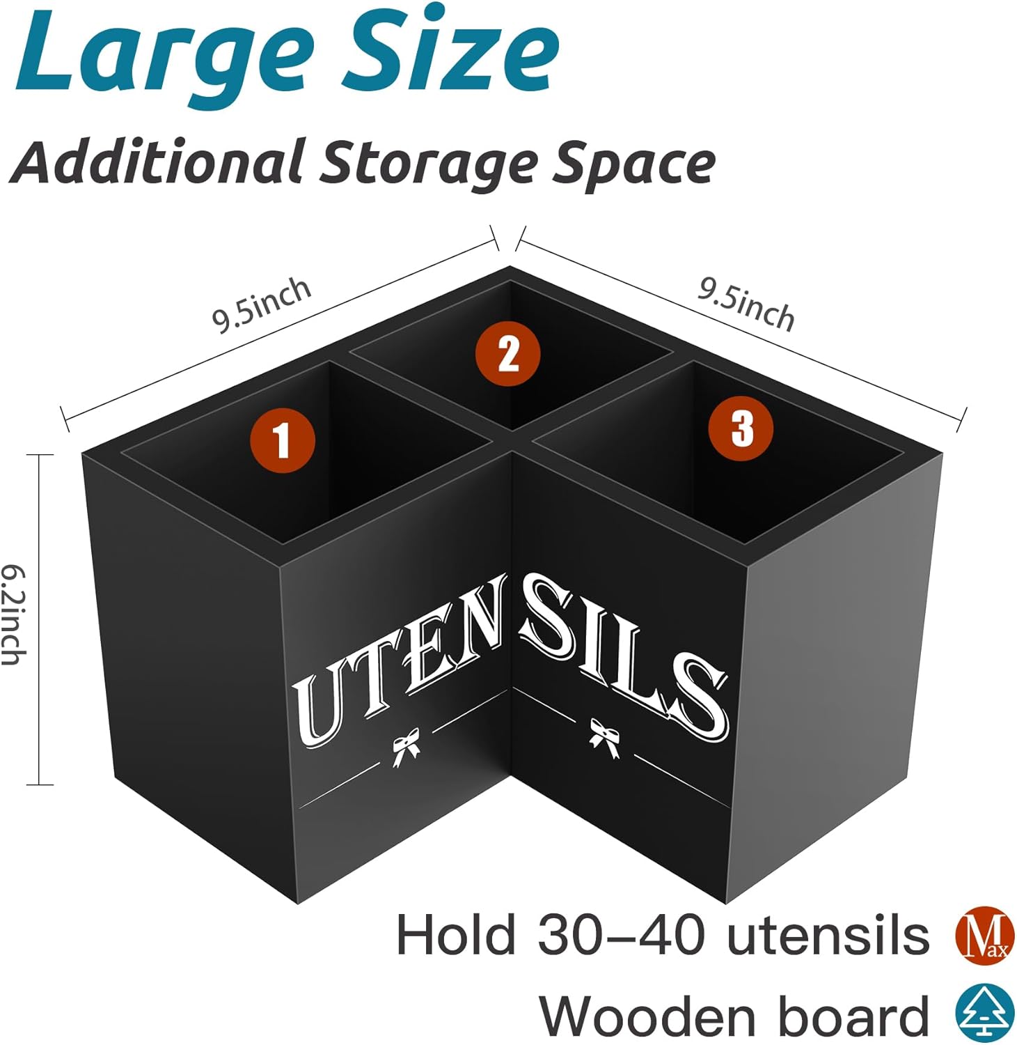 Suli Extra Large Kitchen Utensils Holder with 3 Compartments,Corner Utensil Caddy for Countertop,Wooden Utensil Organizer for Kitchen Countertop, Farmhouse Decor- Black