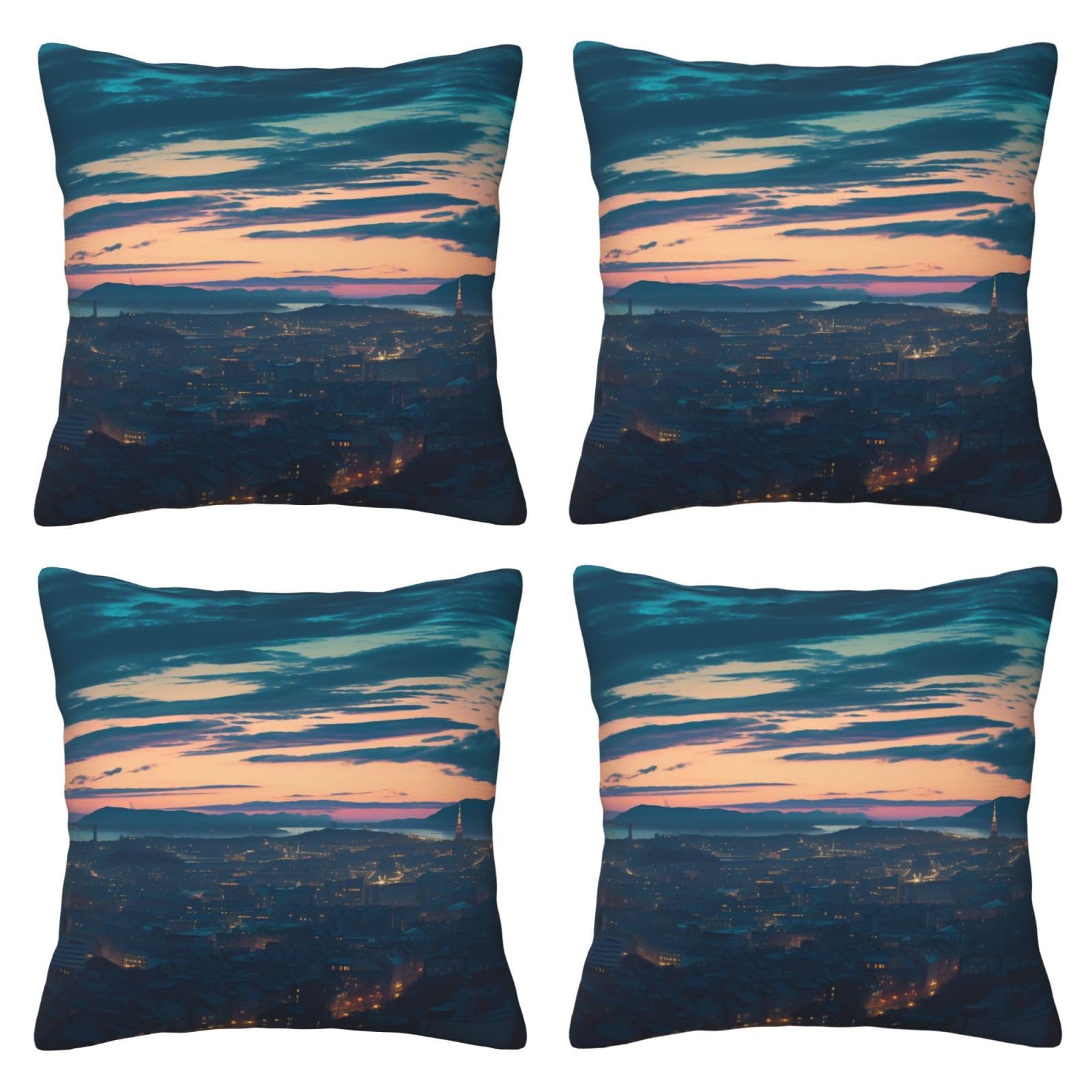 Cityscape Dusk Throw Pillow Cases 4 Pack Square Pillowcases Super Soft Pillow Protectors With Zipper for Couch Livingroom Sofa Bed Office Car,30x30 CM