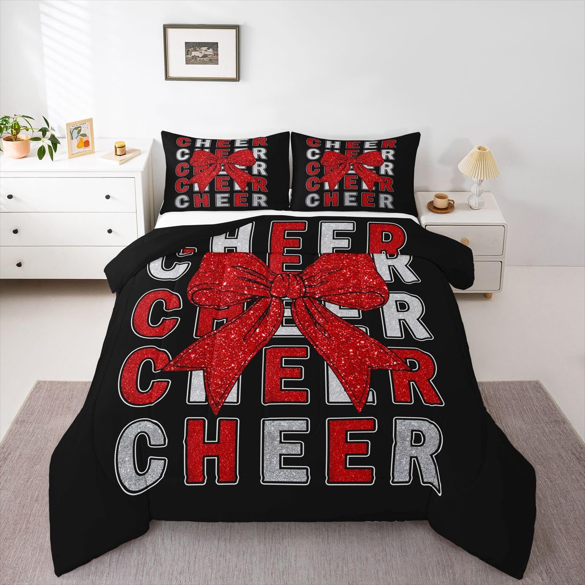 Feelyou Cheer Bow Comforter Set Full Size Red Glitter Cheerleader Bedding Set for Kids Boys Girls Cheerleading Duvet Quilt Sport Bedroom Decor Microfiber 3 Pcs with 2 Pillow Cases