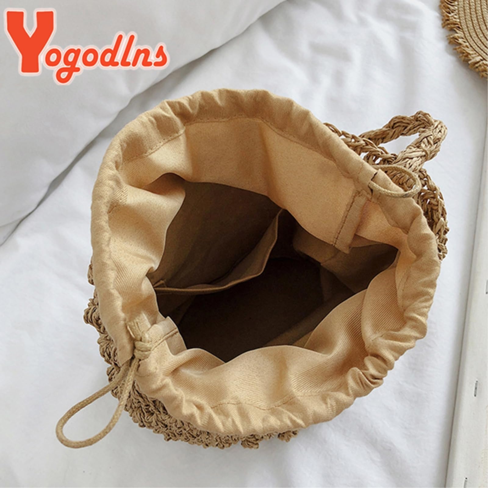 Borsa di Paglia Donna A Spalla Estiva, Secchio in Rattan Grande capacità delle Donne, da Spiaggia Tessuta Fatta Mano-beige-18x15x22cm