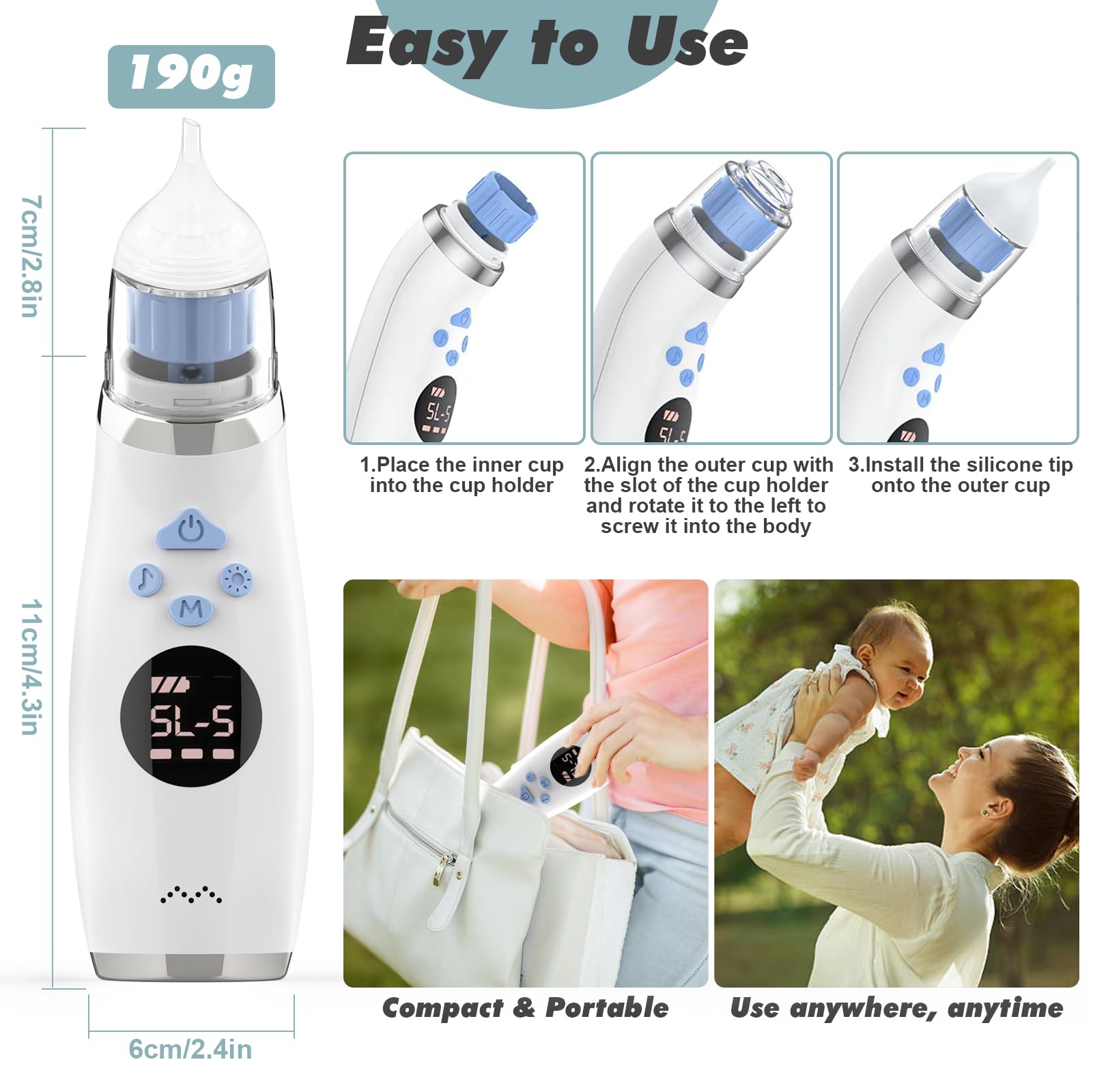 Aspiratore Nasale Neonato Elettrico, Aspira Muco Bambini Portatile con Display LCD e Custodia, 3 Beccucci in Silicone, Silenzioso, Pulizia Naso USB