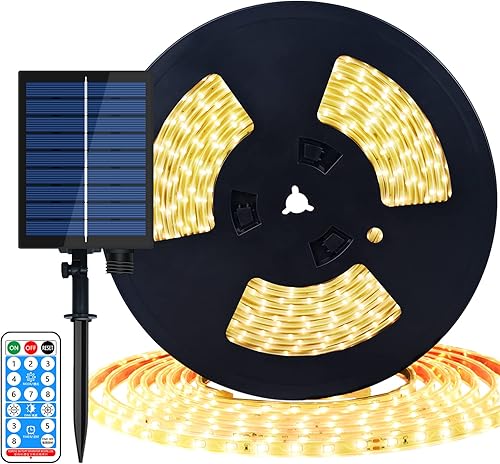 MIHEAL Tira de luz LED solar de 32.8 pies, 560 LED, 2700 K, blanco cálido con función de temporizador remoto, luz nocturna de encendido automático