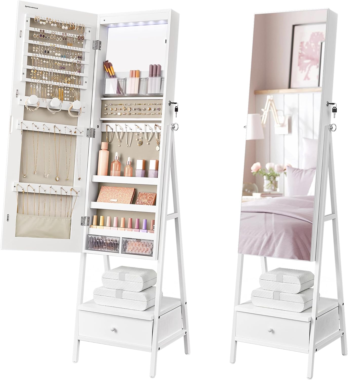 Espejo De Pie Con Gabinete Joyero, Organizador Con Espejo De Cuerpo Entero Y Cajones, Blanco