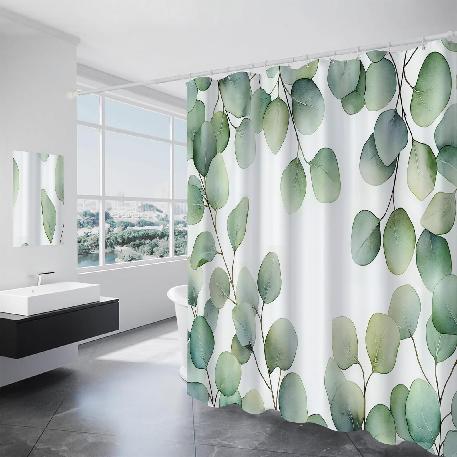 Rideau de douche 240 x 200 cm haut de gamme en polyester motif eucalyptus aquarelle