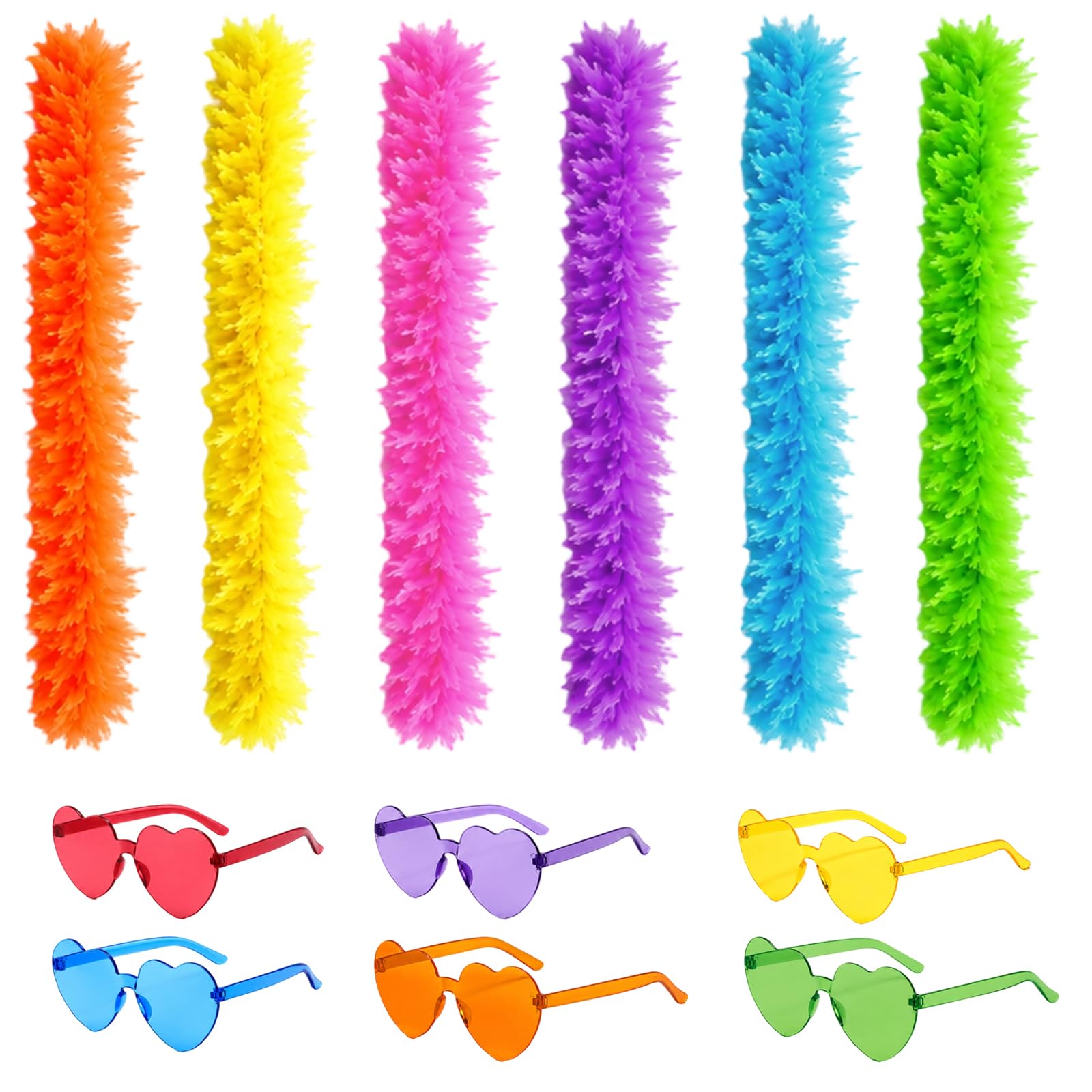 12Pcs Colorful Feather and Heart Rimless Sunglasses for Women, 6.6ft Fancy Dress Feather for Dancing Wedding Party Cosplay Halloween