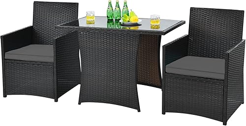 Miniatura 9 de HAPPYGRILL Juego de mesa de comedor de mimbre de polietileno de 3 piezas con sillas acolchadas, juego de conversación para patio trasero porche,