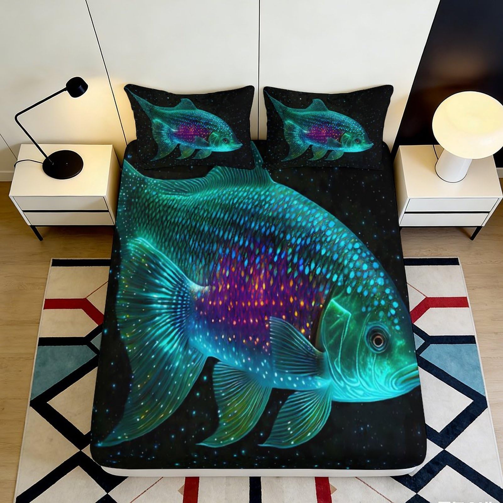 3D Printed Neon Fish Fitted Sheet Microfiber Deep Blue Ocean Mattress Cover for Bedroom Dorm Decor Easy Care 180x200x25cm