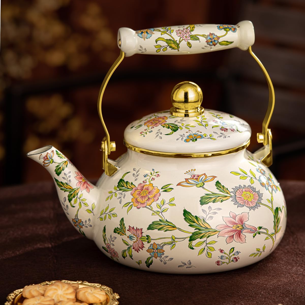 Enamel Tea Kettle – 2.5L Large Capacity Stovetop Teapot with Vintage Floral Pattern, Kettle for Stove, Ideal Small Tea Kettle for Gas & Induction Cooktops