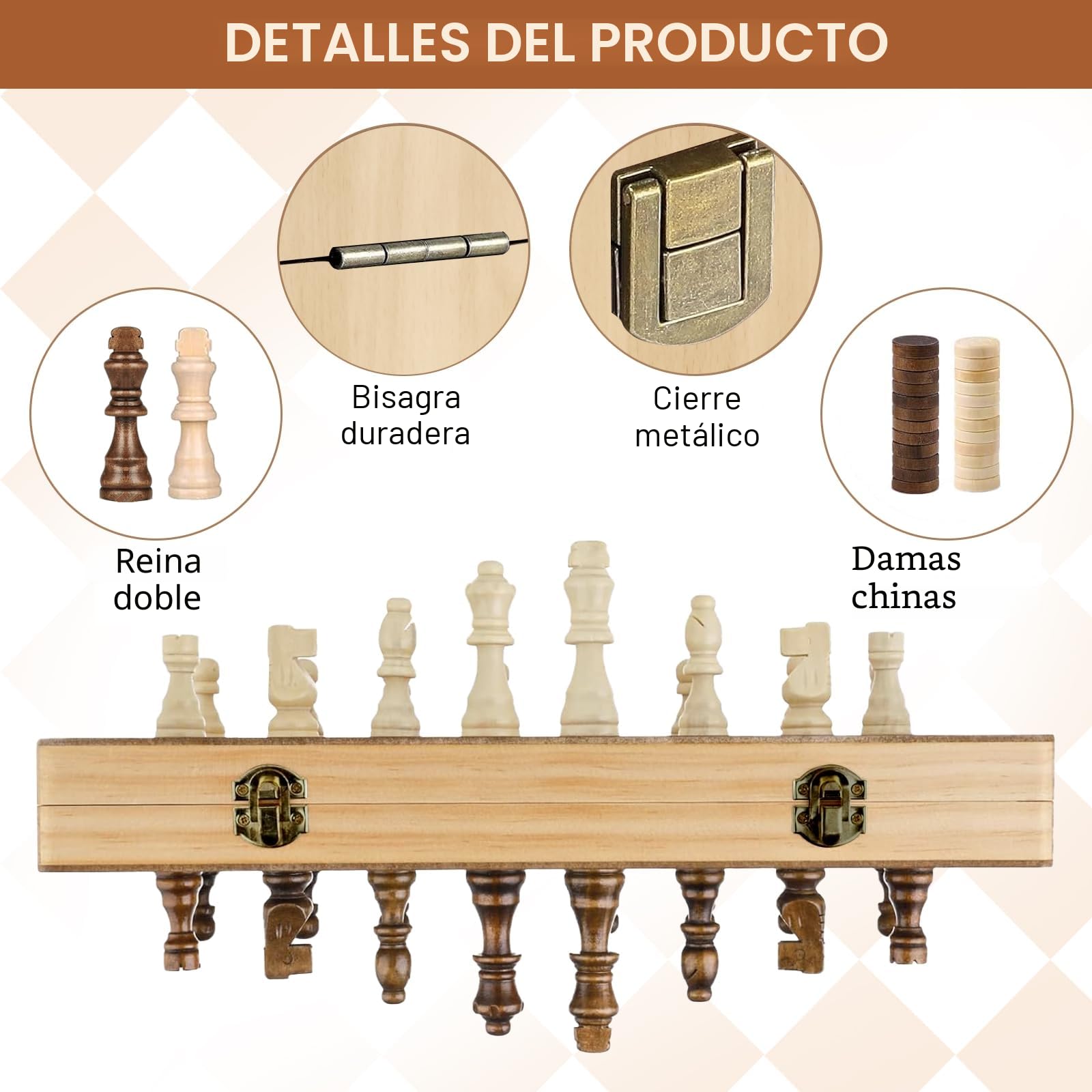 2 En 1 Ajedrez, 39x39cm Juego de Ajedrez,Tablero Ajedrez Magnetico, Tablero Ajedrez Madera Plegable, Diseño Único de Caja, y Fácil de Llevar y Almacenar, Ajedrez y Dama para Niños y Adultos