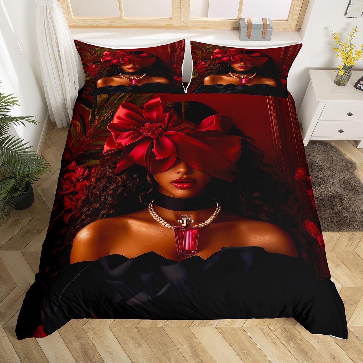 Homewish Black Girl Duvet Cover Red Bow Decorations Bedding Set for Woman African Black Woman Comforter Cover,Modern Decor Bed Cover,Single