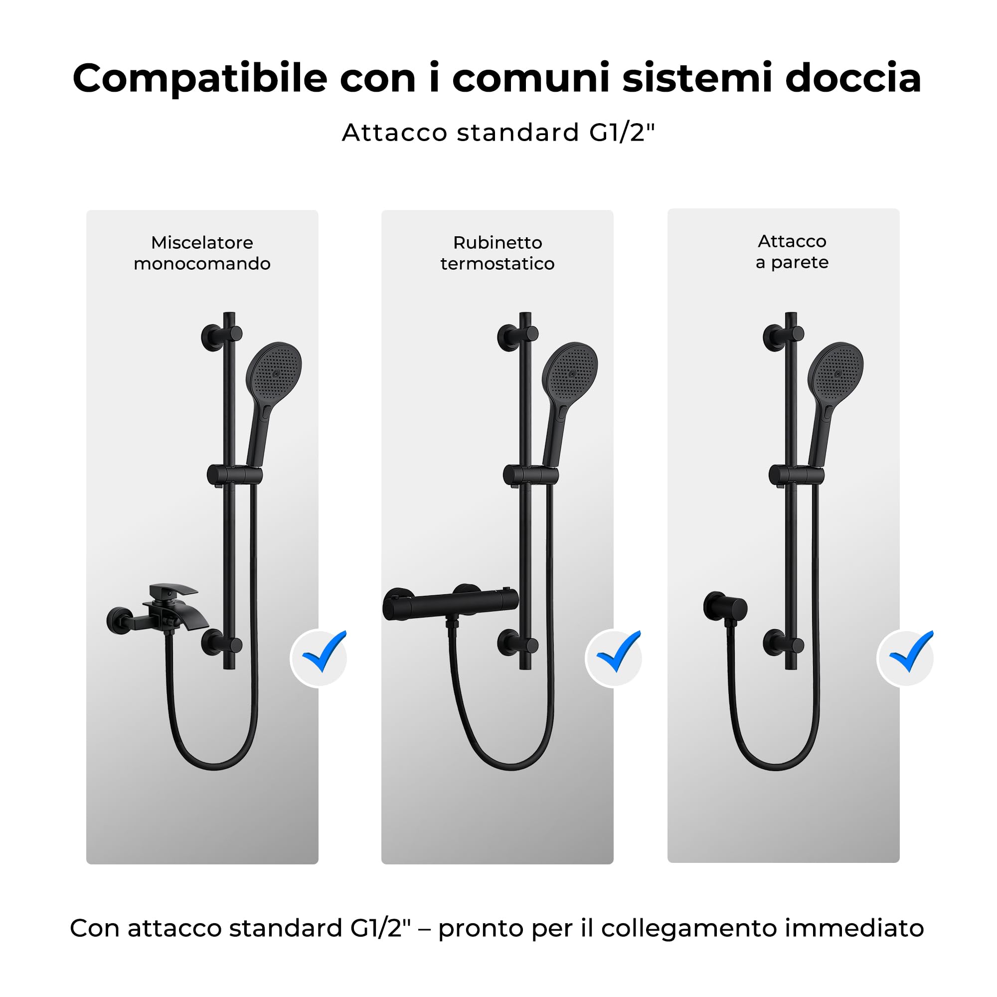 JOHO Colonna Doccia Senza Miscelatore, Asta Doccia Acciaio Inox 70 cm con Supporto Soffione Regolabile, Saliscendi Doccia Adattarsi ai Fori Esistenti con Doccetta 3 Geti, Nero