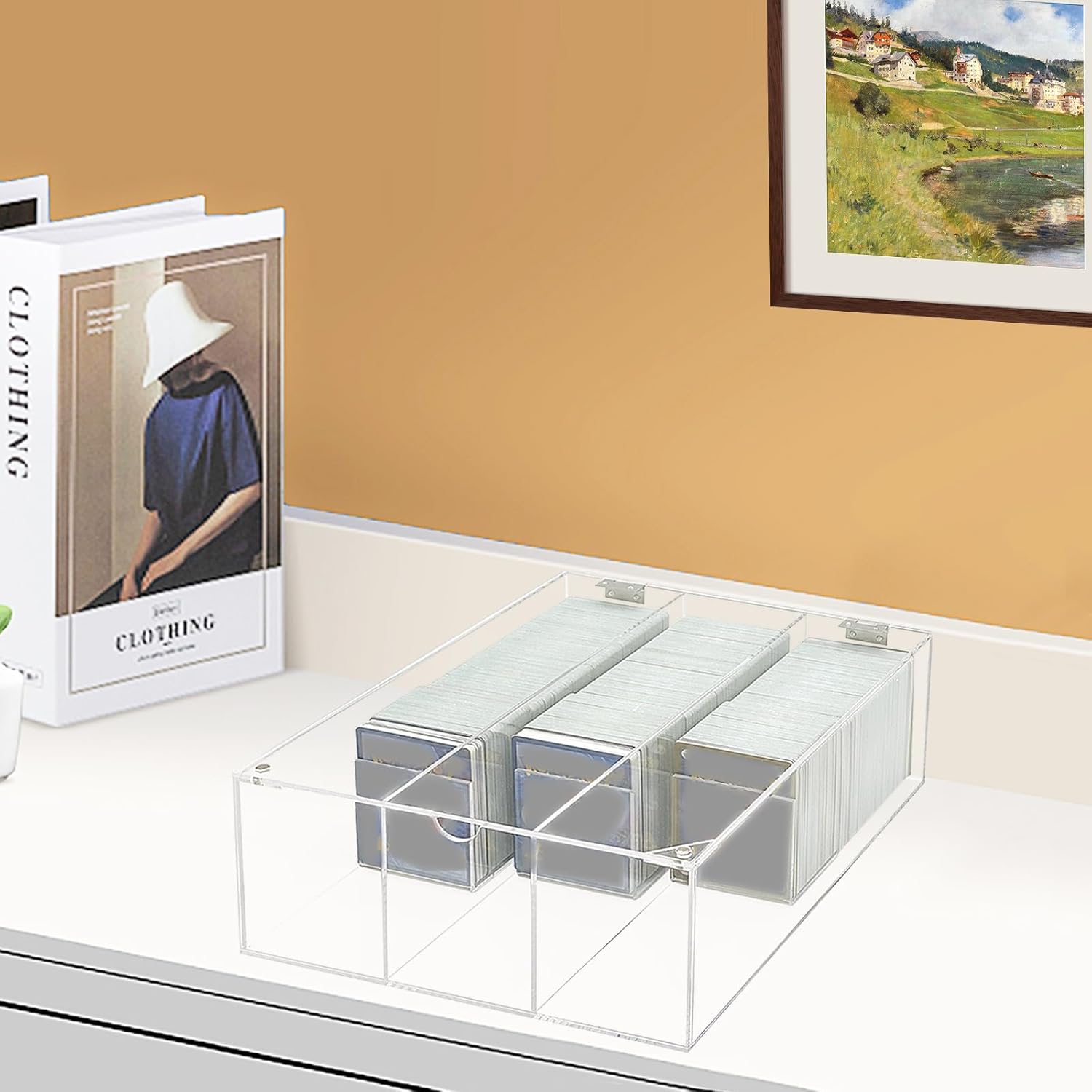 Bigfety Acrylic Card Display Case, 3 Compartment Clear Visible Trading Card Box Fits for Sports Cards, Game Cards