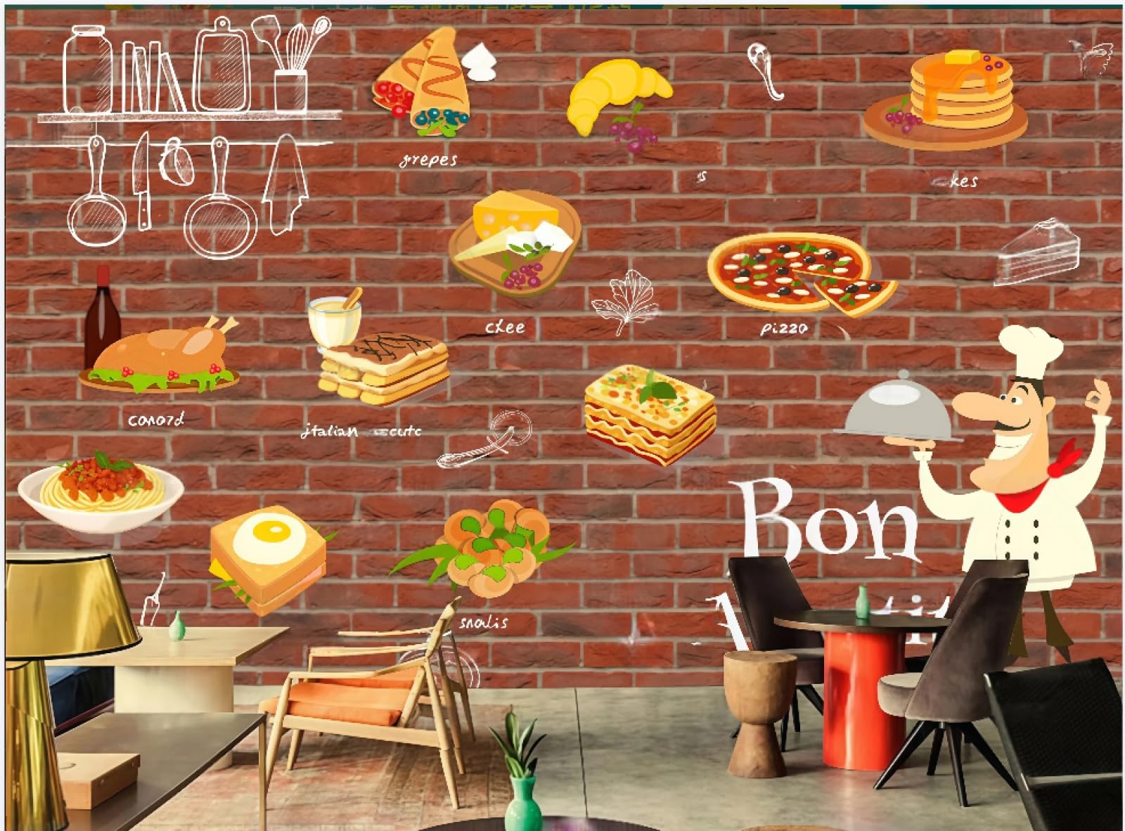rskjdghshd Wallpaper Red Brick Wall Hand Painted Burger Fried Chicken Pizza Fast Food Restaurant Western Restaurant Living Room Background Wall Wallpaper Drink Coffee Shop Mural,3D,430x300cm