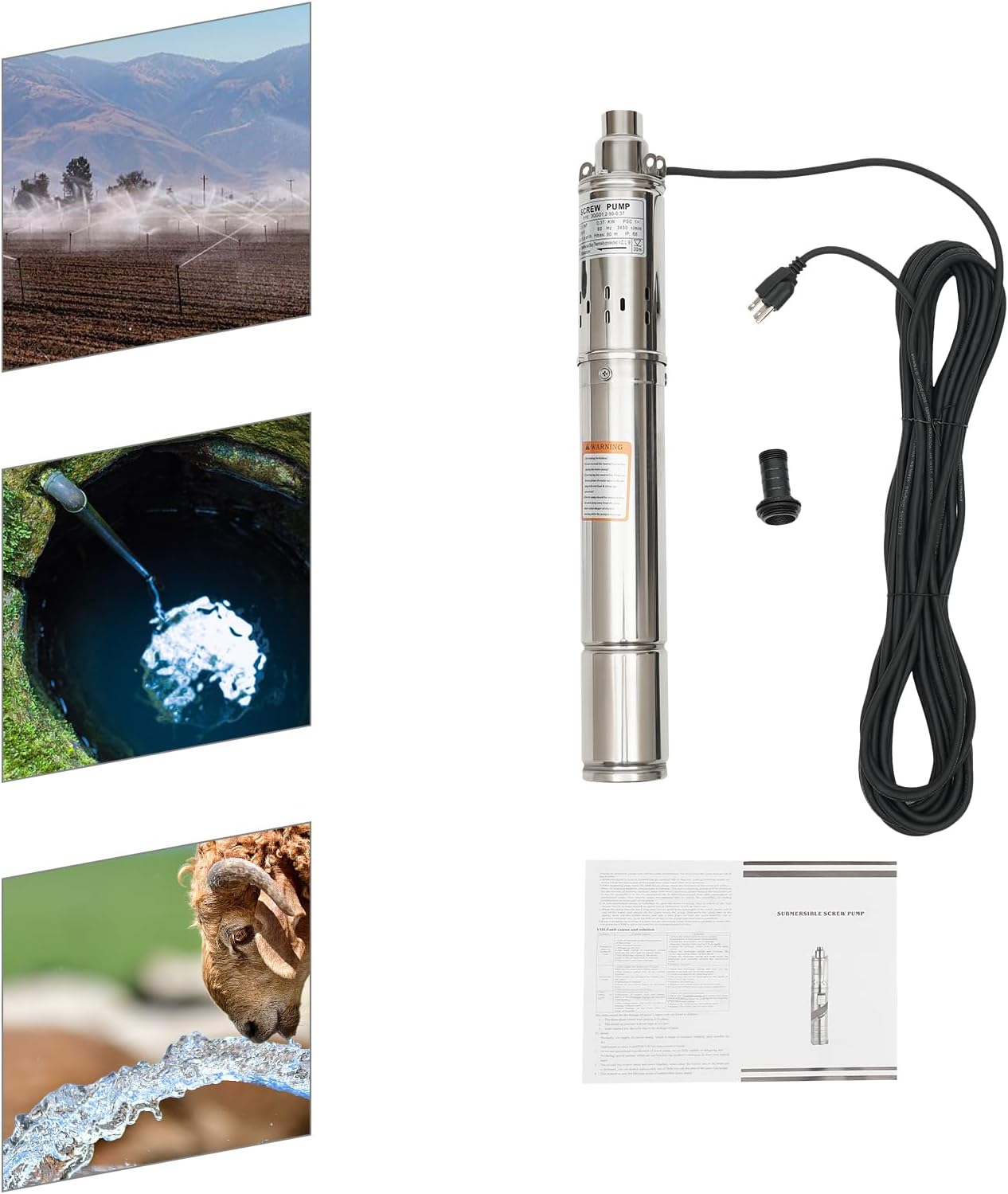 Deep Well Pump, 1 Inch Outlet Stainless Steel Submersible Well Pump 1.8m³/h 0.5HP 262.47 ft Head for Irrigation, Home, Industrial, 115V 60Hz