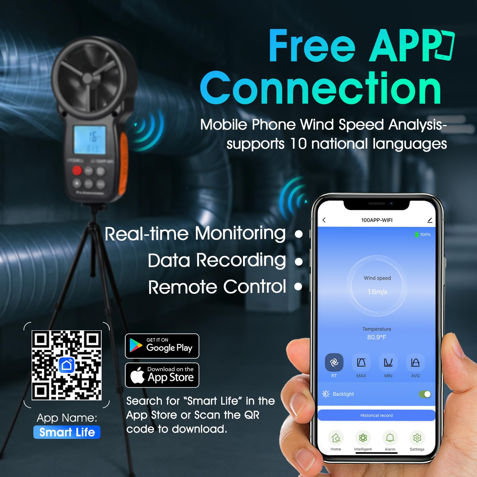 ‌LYCEBELL Anemometro Professionale con Controllo WiFi & Registrazione Dati – Misuratore Sans Filo di Velocità del Vento e Temperatura per HVAC, Droni, Vela, Surf, con MAX/MIN/MED, Compatible Zigbee‌